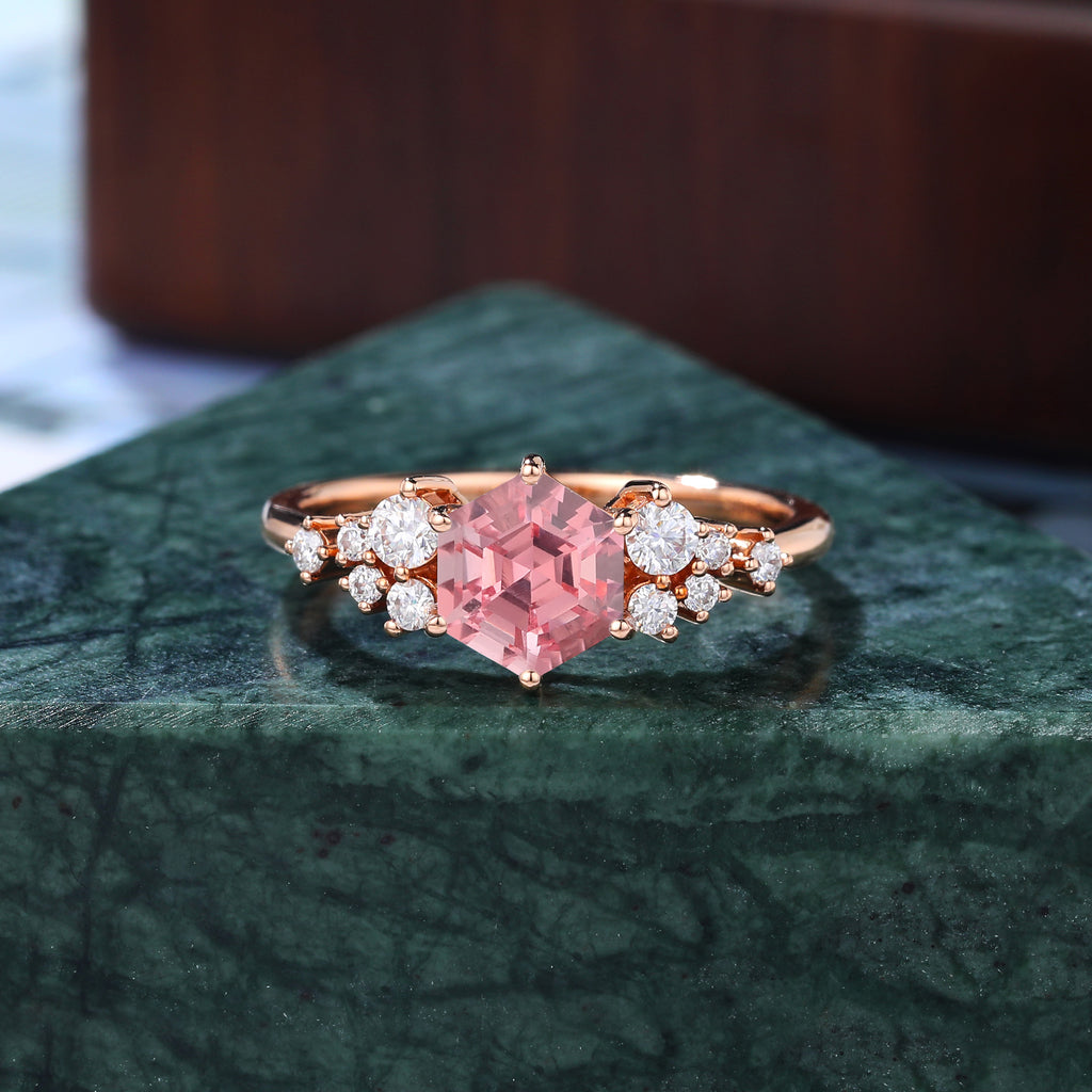 Hexagon cut Lab Pink Sapphire engagement ring S925/10k/14k/18k gold ,  rose/white/yellow gold ring