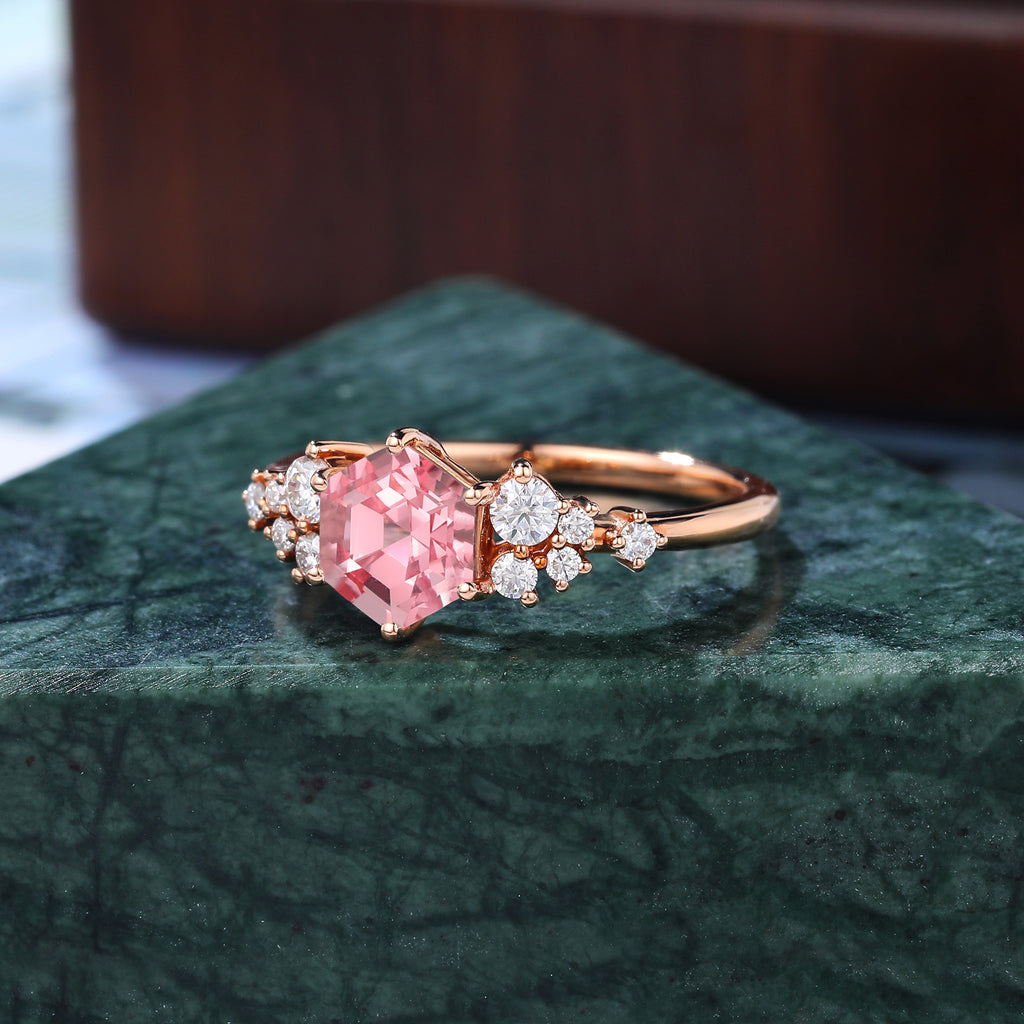 Hexagon cut Lab Pink Sapphire engagement ring S925/10k/14k/18k gold ,  rose/white/yellow gold ring