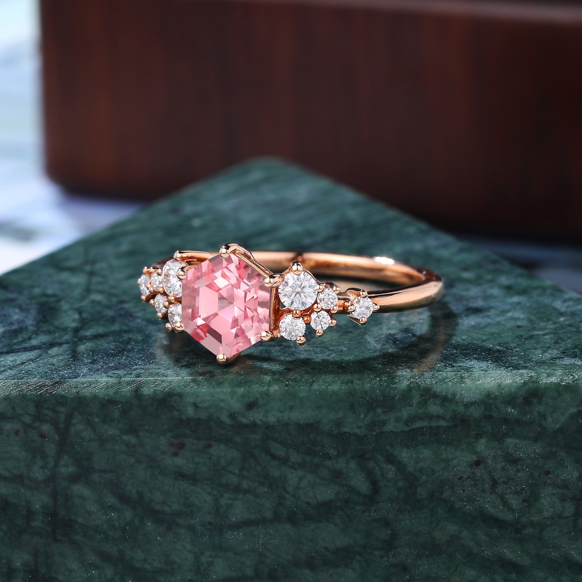 Hexagon cut Lab Pink Sapphire engagement ring S925/10k/14k/18k gold ,  rose/white/yellow gold ring