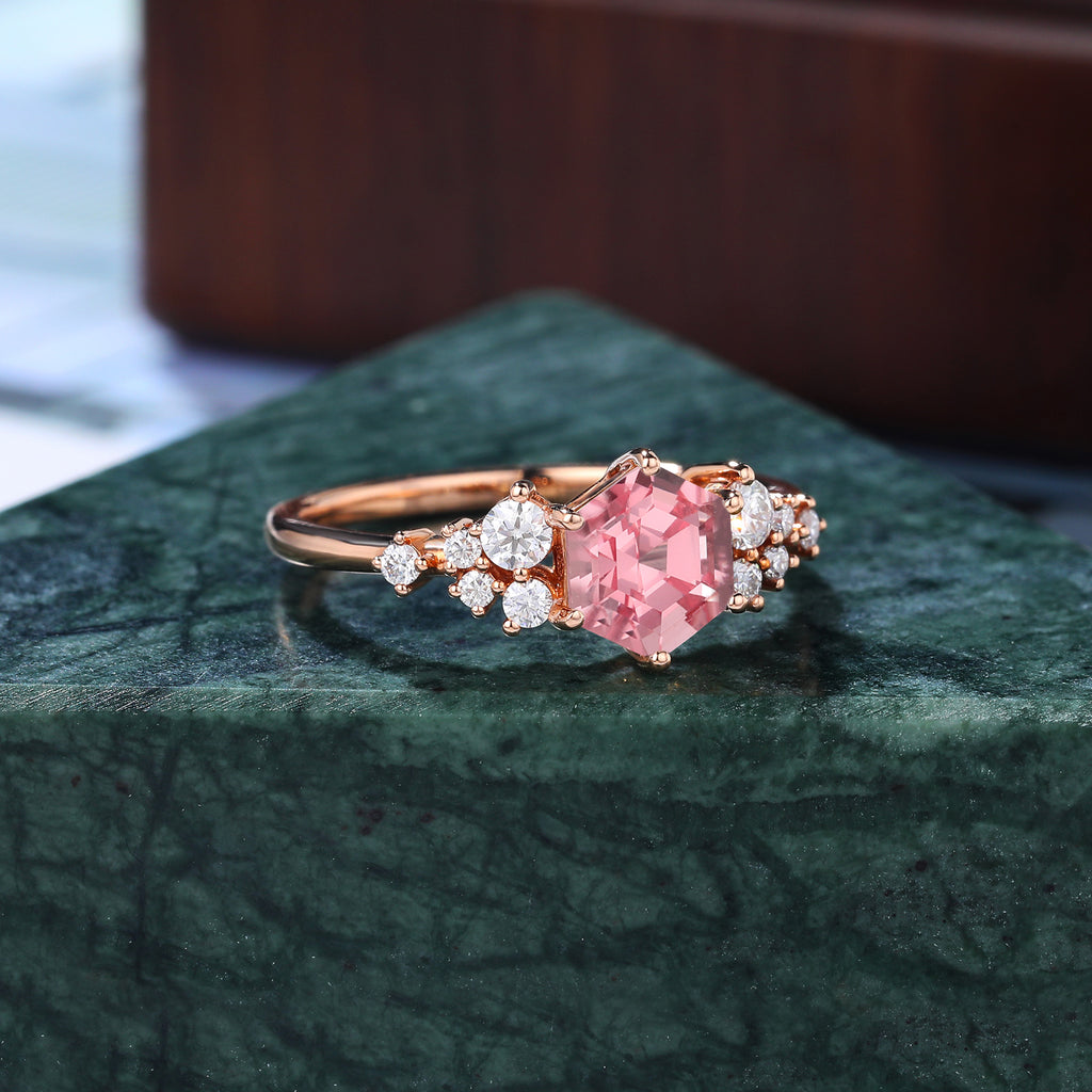 Hexagon cut Lab Pink Sapphire engagement ring S925/10k/14k/18k gold ,  rose/white/yellow gold ring