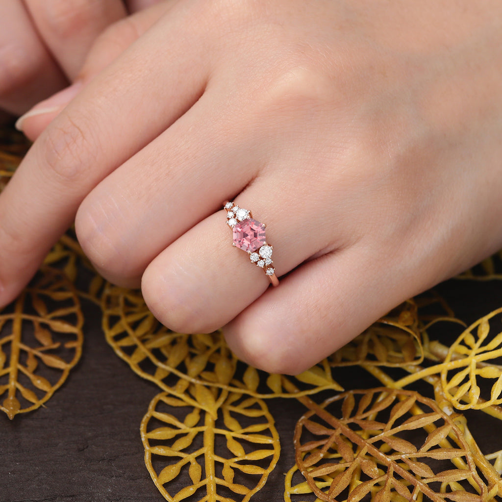 Hexagon cut Lab Pink Sapphire engagement ring S925/10k/14k/18k gold ,  rose/white/yellow gold ring