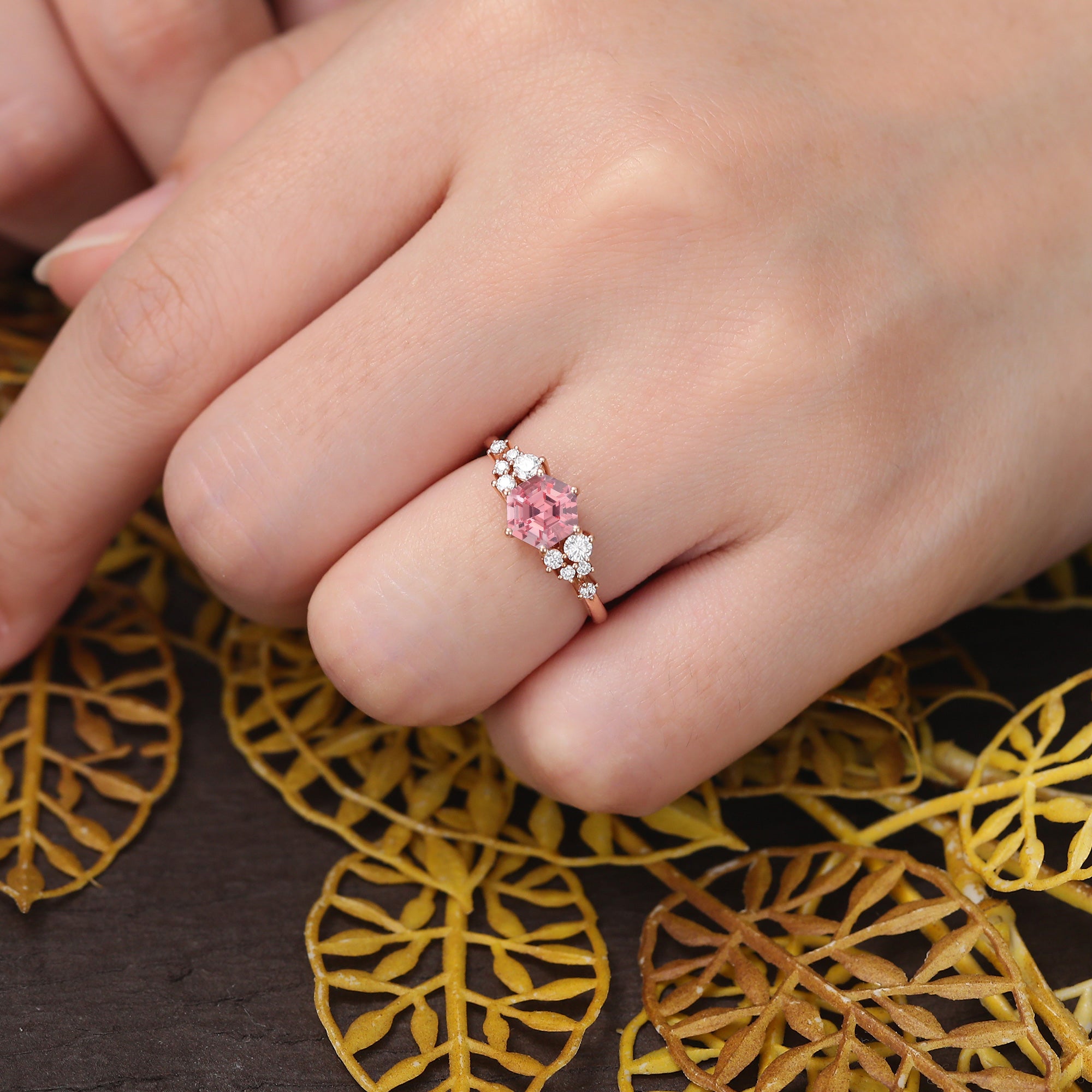 Hexagon cut Lab Pink Sapphire engagement ring S925/10k/14k/18k gold ,  rose/white/yellow gold ring