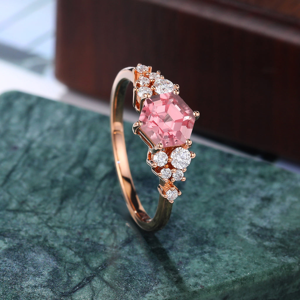 Hexagon cut Lab Pink Sapphire engagement ring S925/10k/14k/18k gold ,  rose/white/yellow gold ring