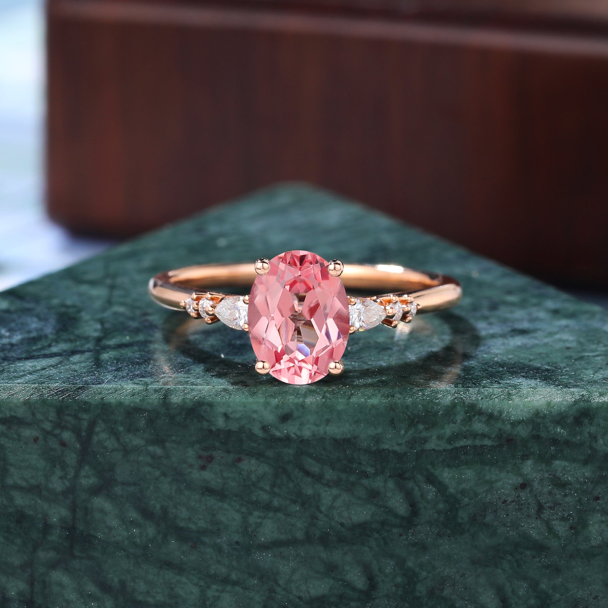 Oval cut Lab Pink Sapphire engagement ring , unique moissanite bridal ring rose/white/yellow gold, S925/10k/14k/18k gold