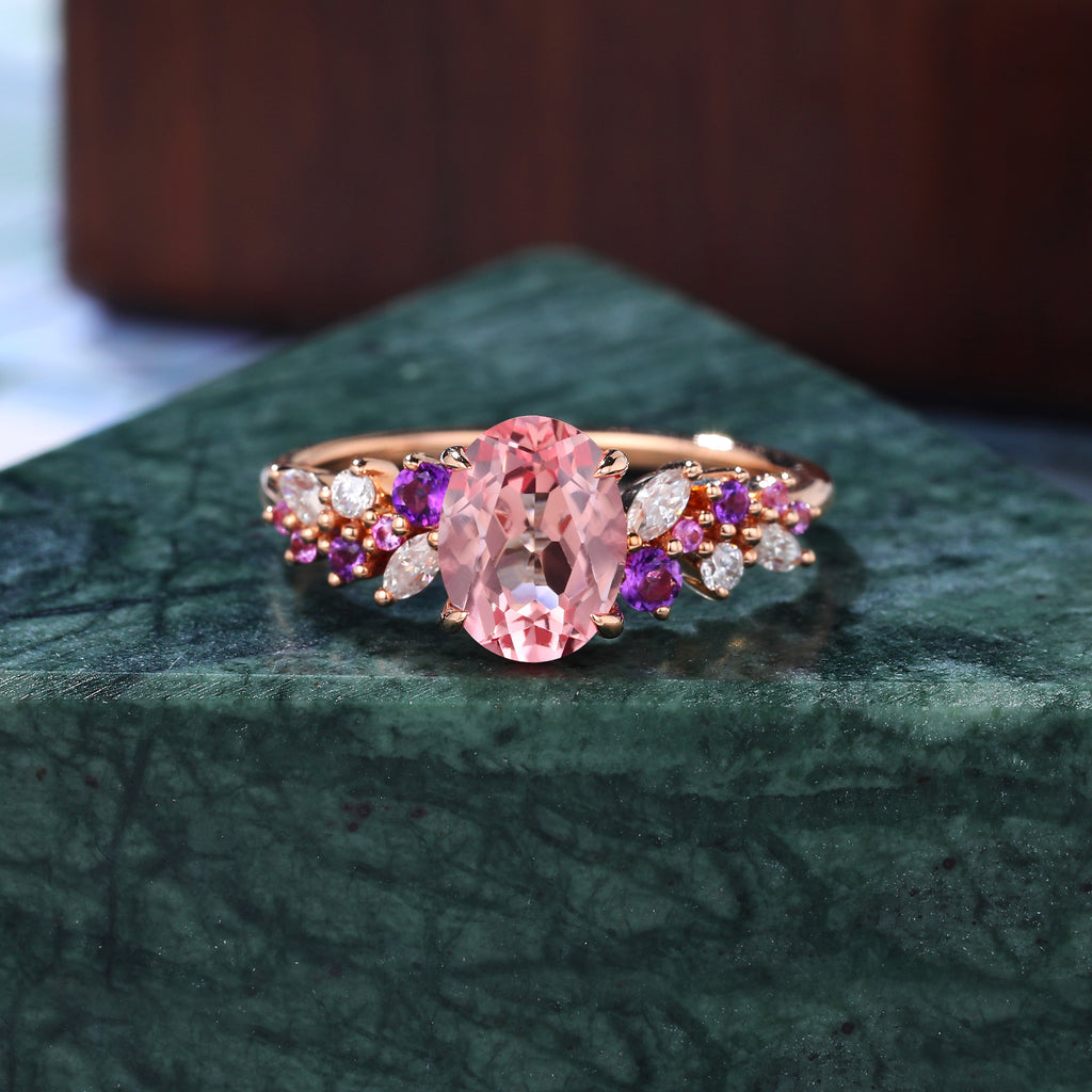 Oval cut Lab Pink Sapphire rose gold ring engagement ring 10k/14k/18k gold, unique Amethyst pink Sapphire moissanite ring