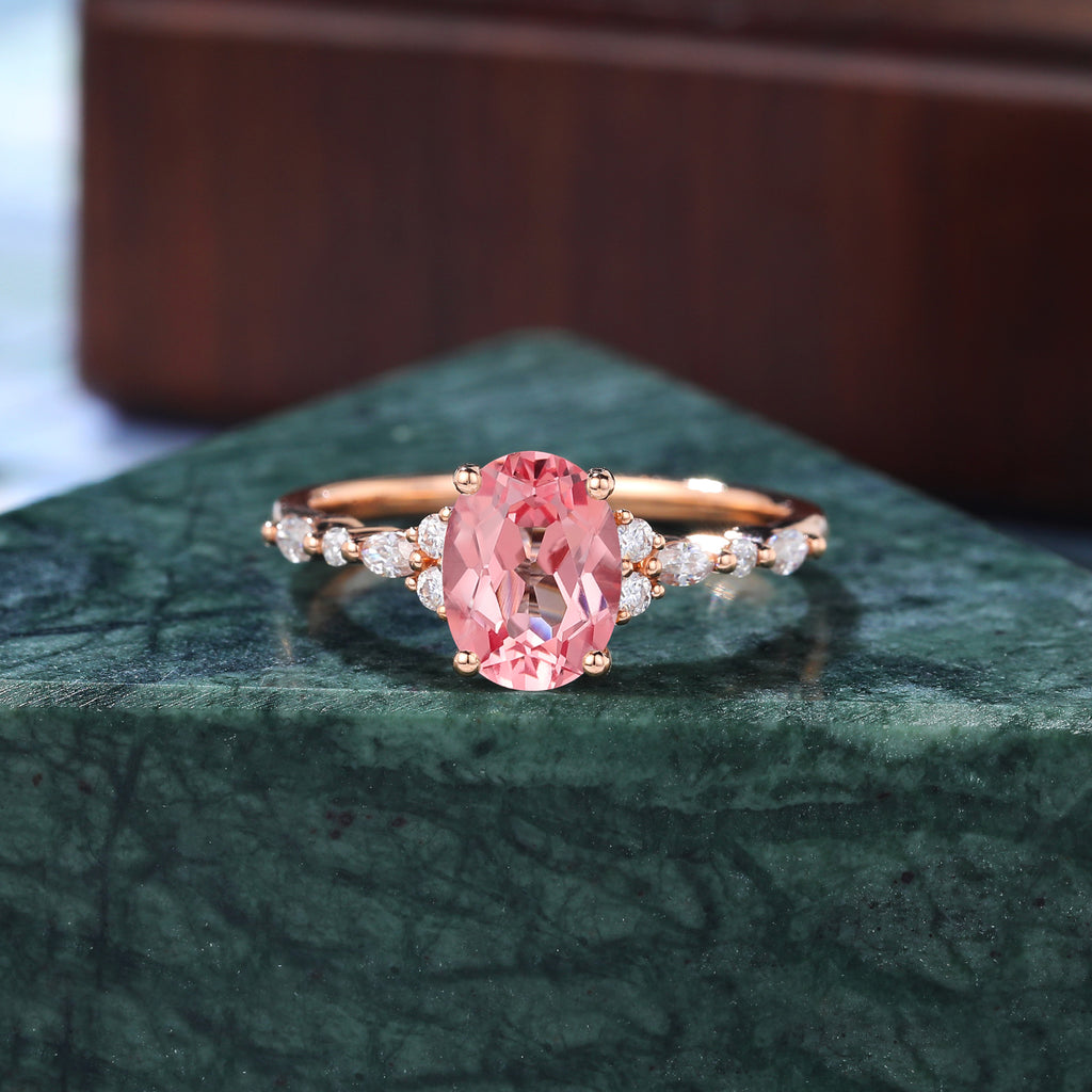 Oval cut Lab Pink Sapphire engagement ring 925silver/10k/14k/18k gold , unique moissanite bridal ring rose/white/yellow gold