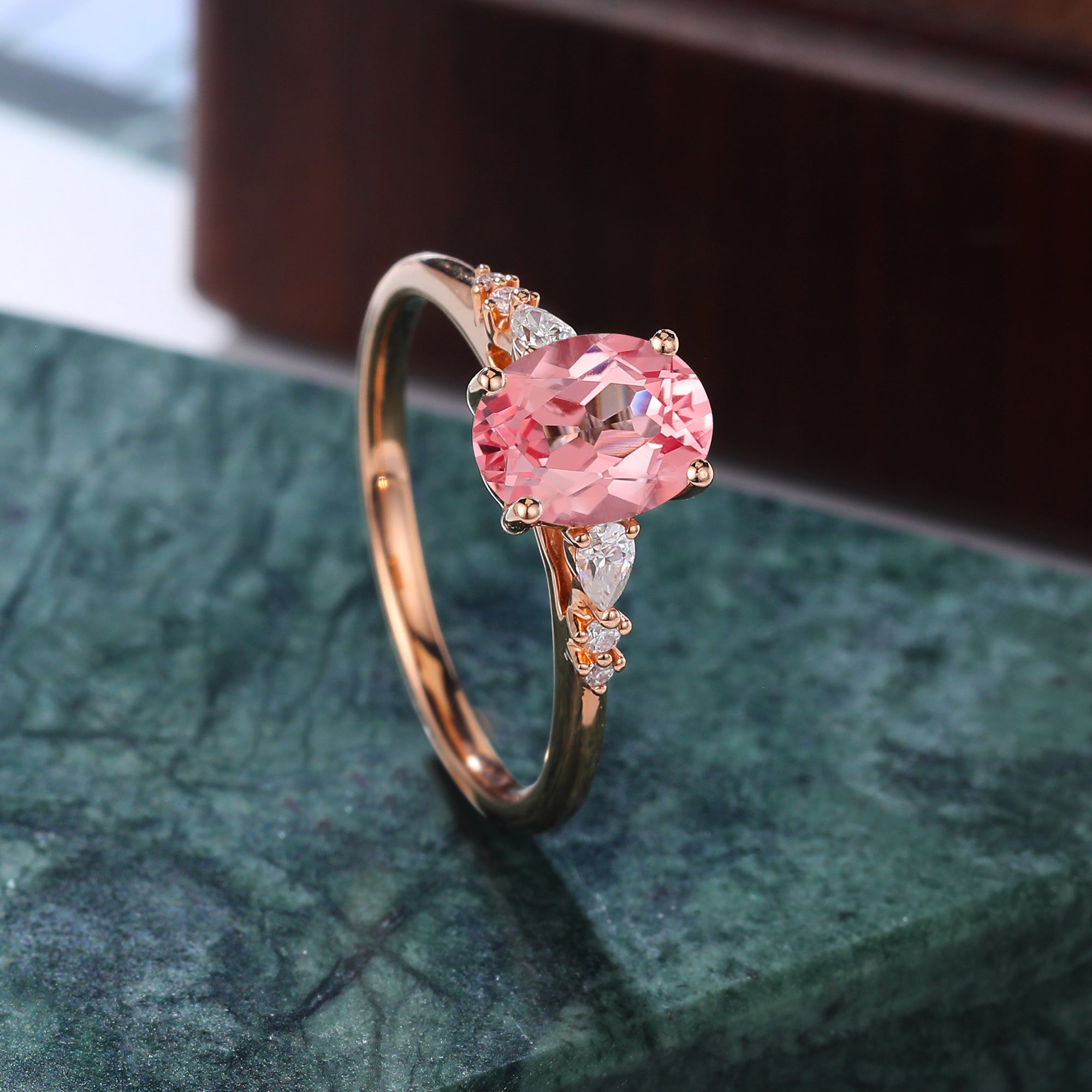 Oval cut Lab Pink Sapphire engagement ring , unique moissanite bridal ring rose/white/yellow gold, S925/10k/14k/18k gold