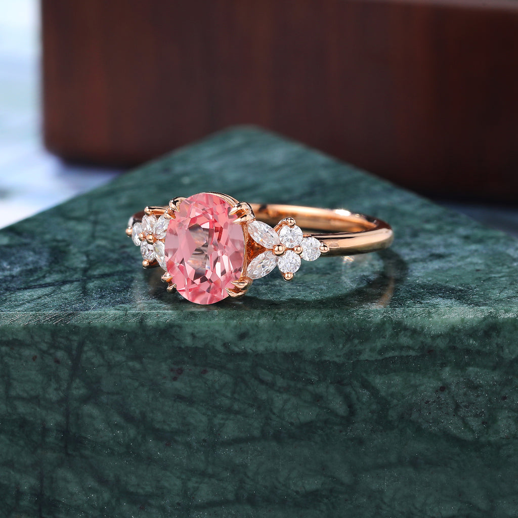 Oval cut Lab Pink Sapphire engagement ring 925silver/10k/14k/18k gold , unique moissanite bridal ring rose/white/yellow gold