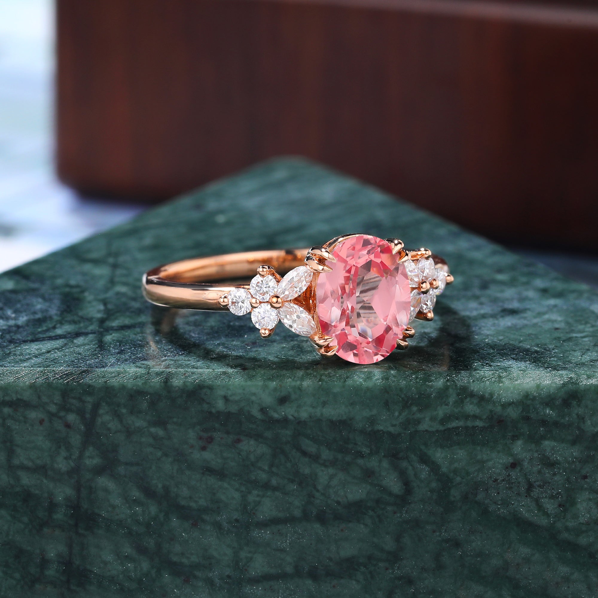 Oval cut Lab Pink Sapphire engagement ring 925silver/10k/14k/18k gold , unique moissanite bridal ring rose/white/yellow gold