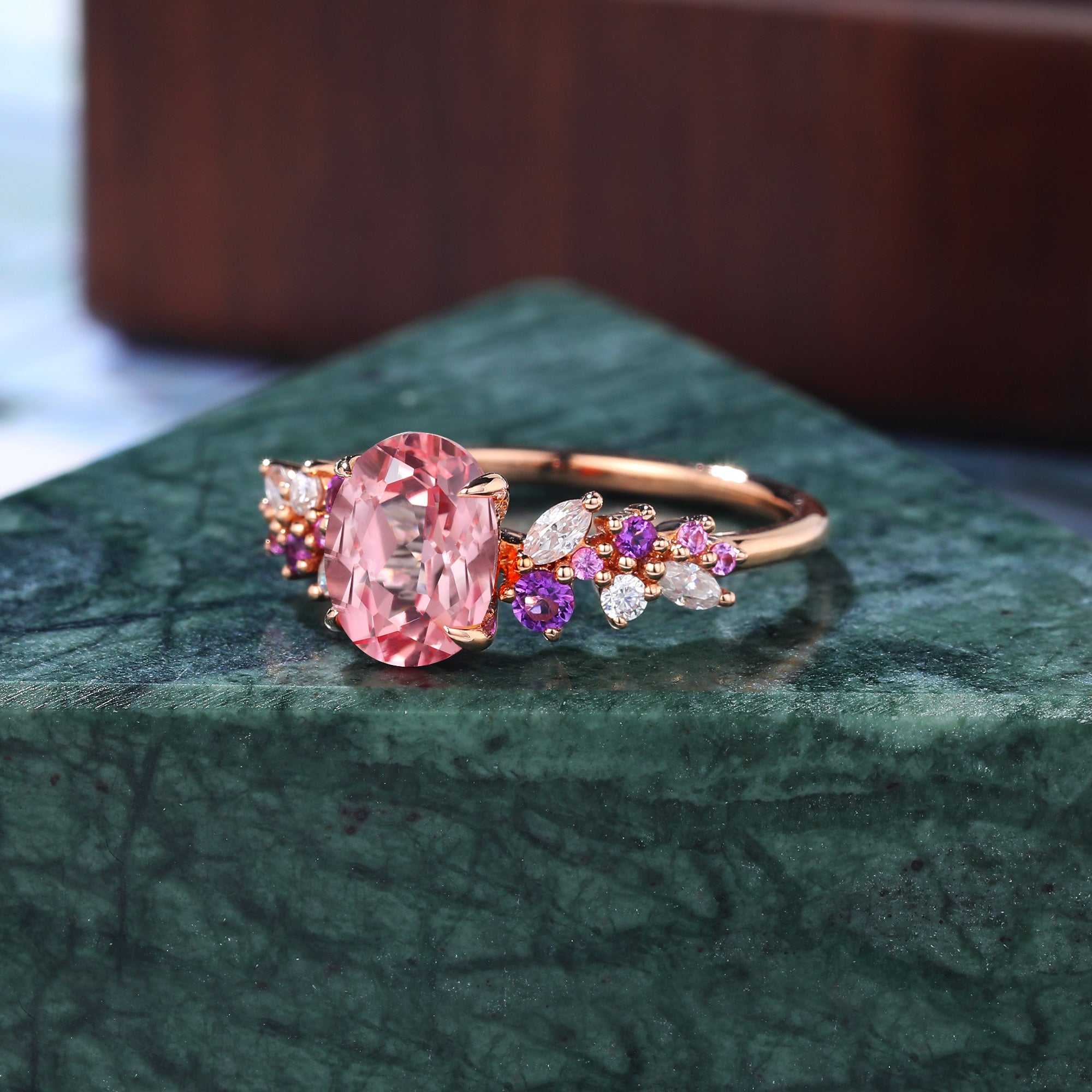Oval cut Lab Pink Sapphire rose gold ring engagement ring 10k/14k/18k gold, unique Amethyst pink Sapphire moissanite ring