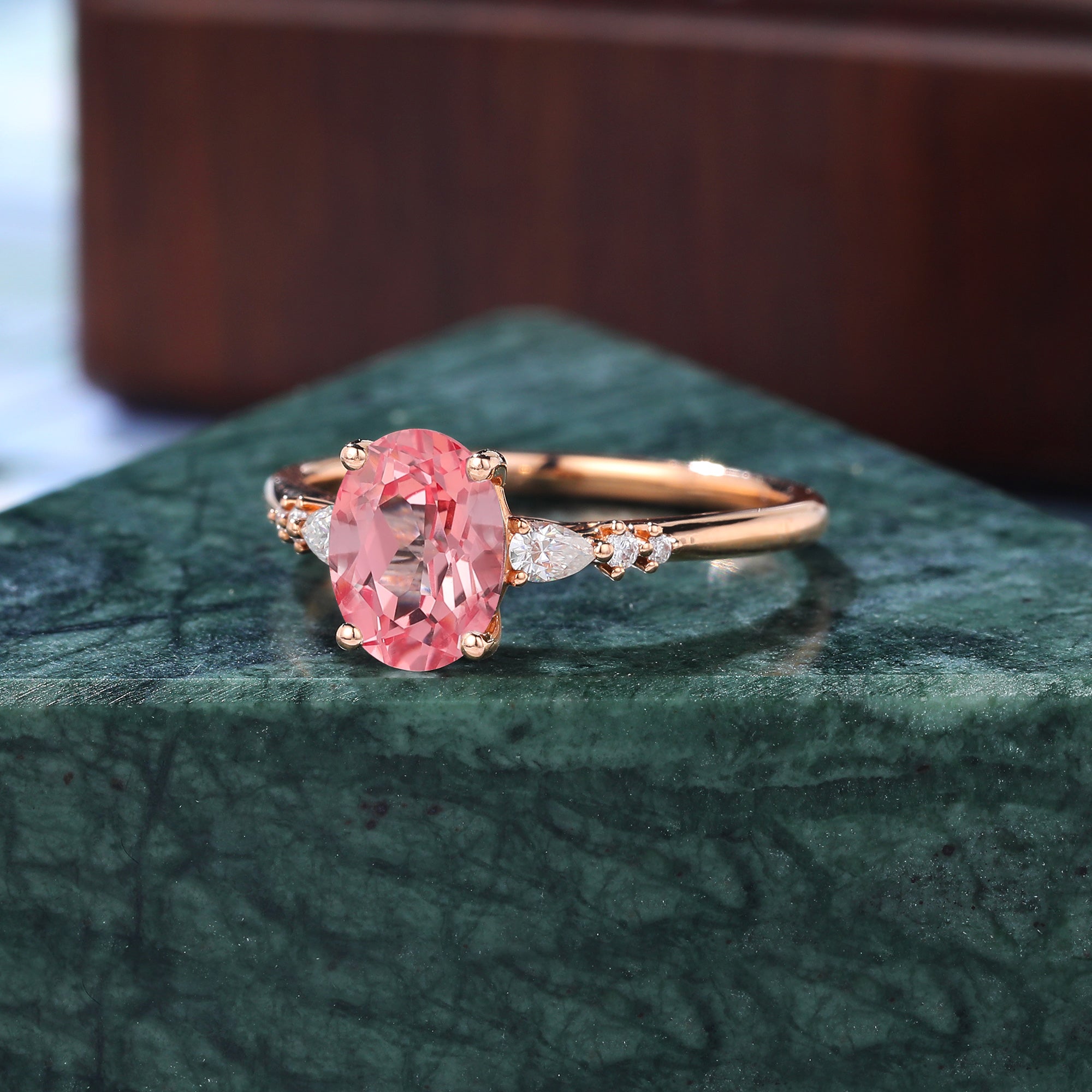 Oval cut Lab Pink Sapphire engagement ring , unique moissanite bridal ring rose/white/yellow gold, S925/10k/14k/18k gold