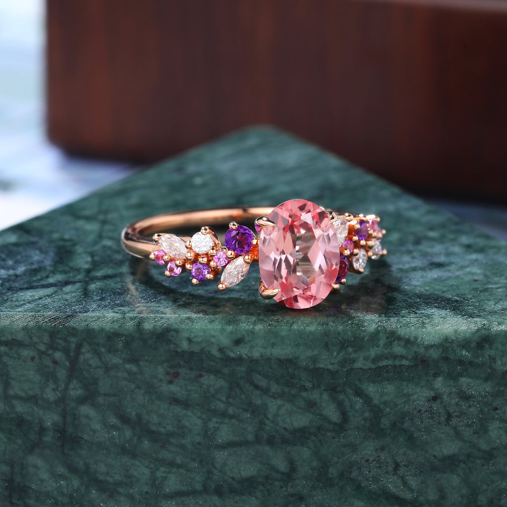 Oval cut Lab Pink Sapphire rose gold ring engagement ring 10k/14k/18k gold, unique Amethyst pink Sapphire moissanite ring