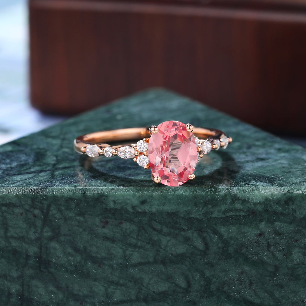 Oval cut Lab Pink Sapphire engagement ring 925silver/10k/14k/18k gold , unique moissanite bridal ring rose/white/yellow gold