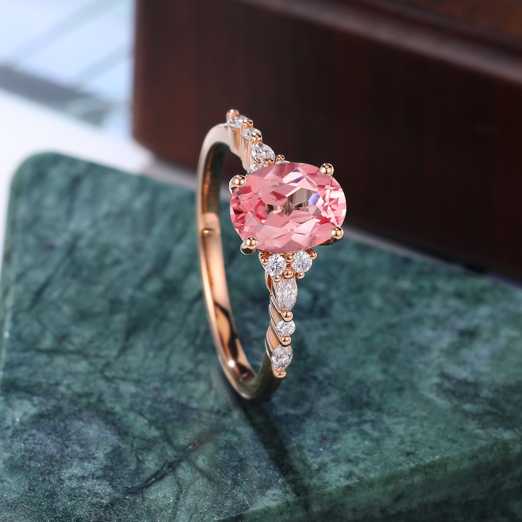 Oval cut Lab Pink Sapphire engagement ring 925silver/10k/14k/18k gold , unique moissanite bridal ring rose/white/yellow gold