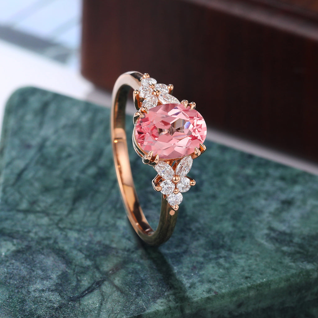 Oval cut Lab Pink Sapphire engagement ring 925silver/10k/14k/18k gold , unique moissanite bridal ring rose/white/yellow gold