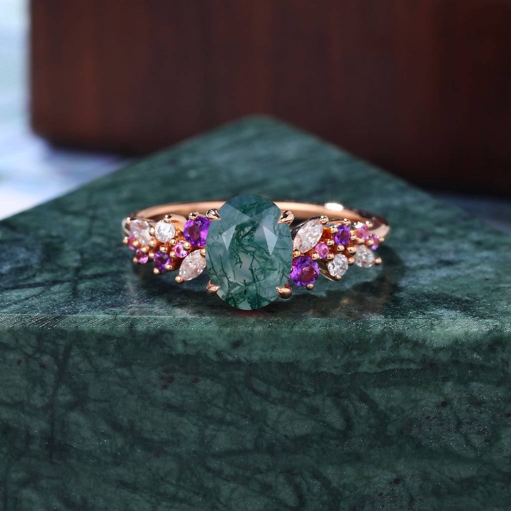 Oval Moss agate engagement ring 925silver/10k/14k/18k gold , unique Amethyst pink Sapphire moissanite ring