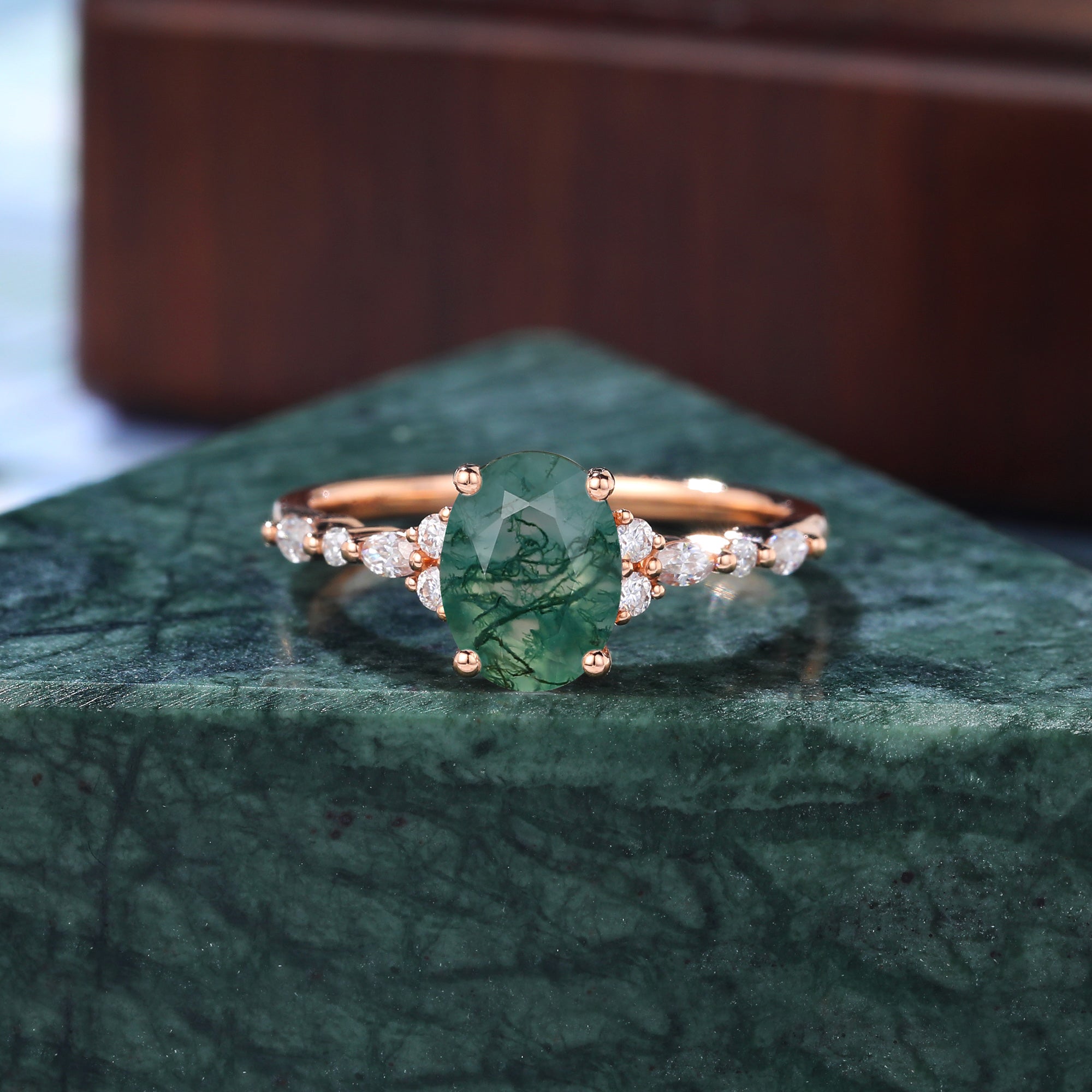 Oval cut Moss agate engagement ring S925/10k/14k/18k gold , unique bridal ring rose/white/yellow gold.