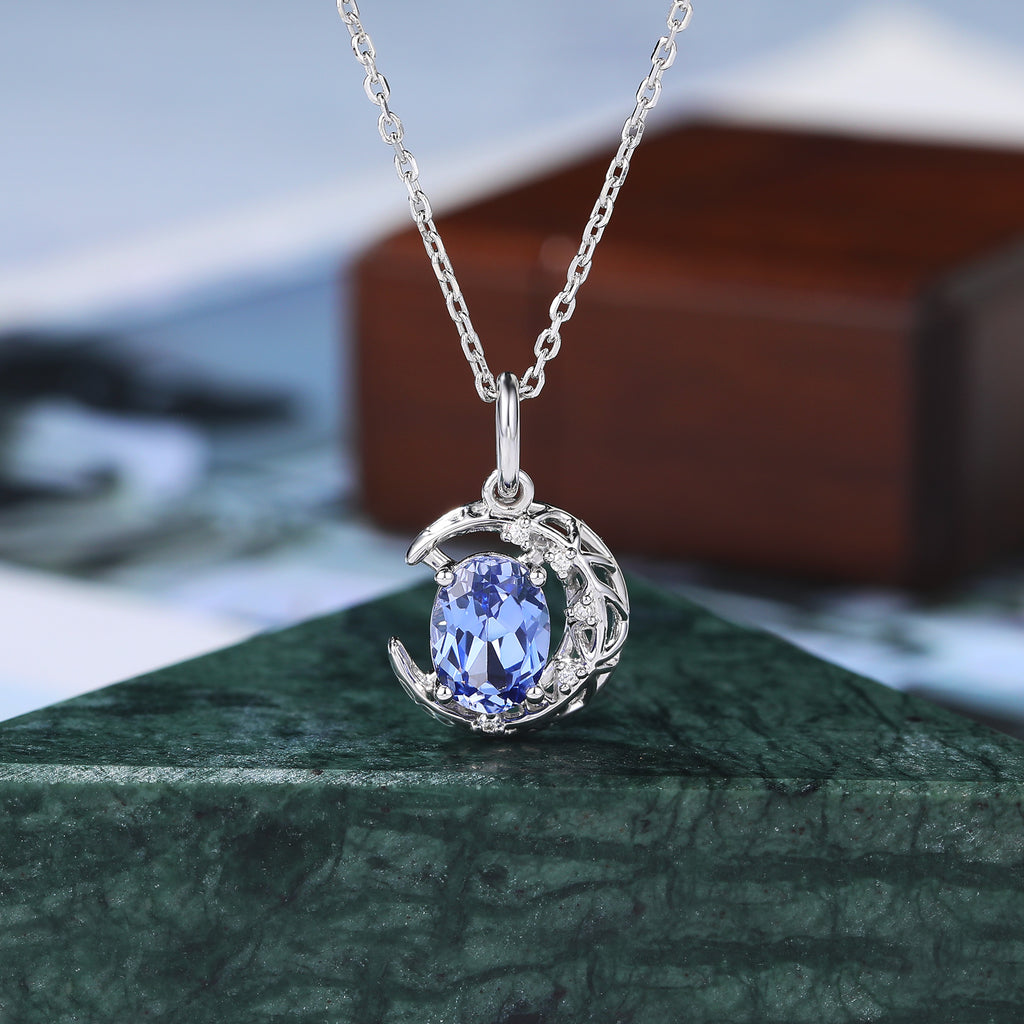 Crescent Bezel Pendant Necklace Oval cut Lab Cornflower Sapphire Necklace For Women S925/10k/14k/18k gold