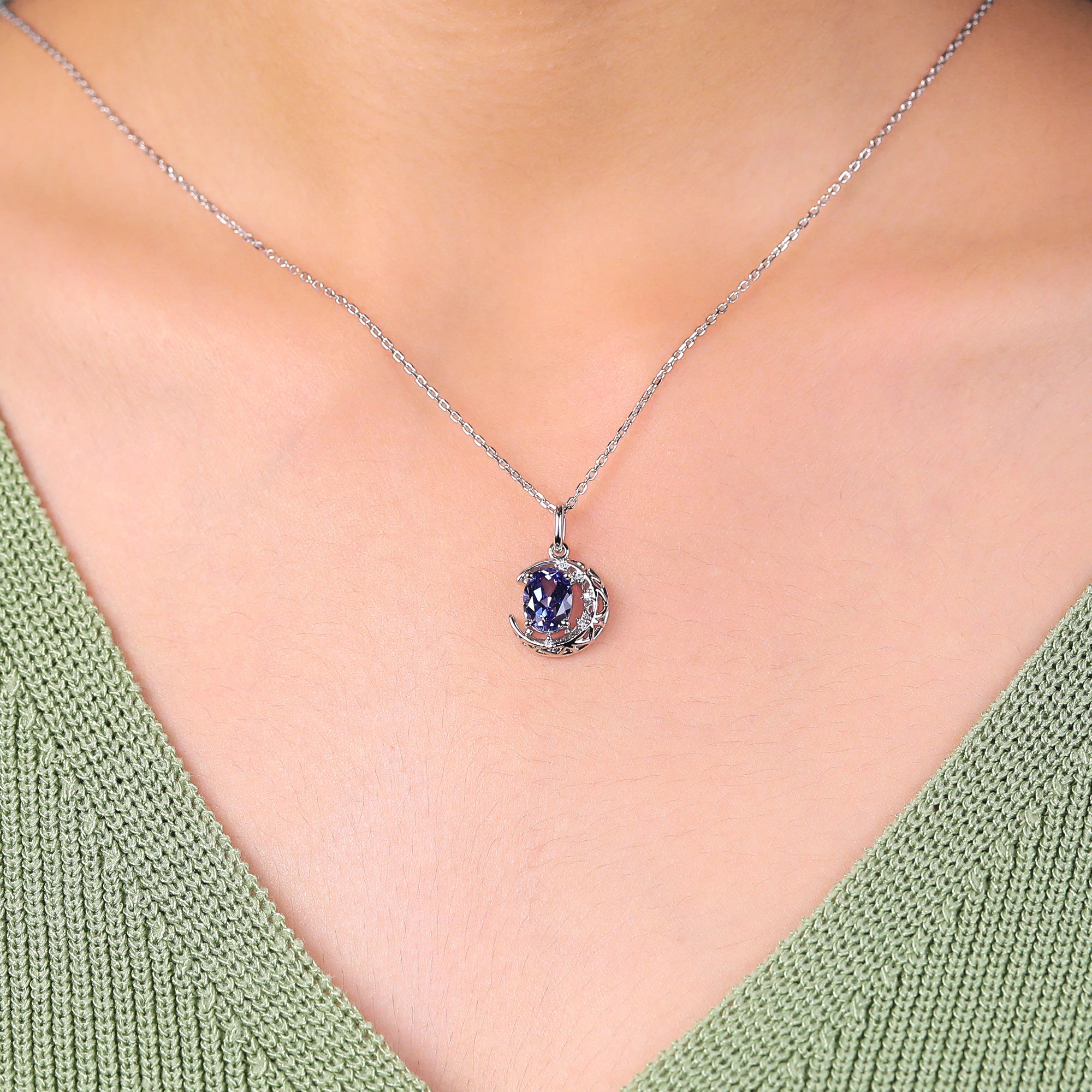 Crescent Bezel Pendant Necklace Oval cut Lab Cornflower Sapphire Necklace For Women S925/10k/14k/18k gold