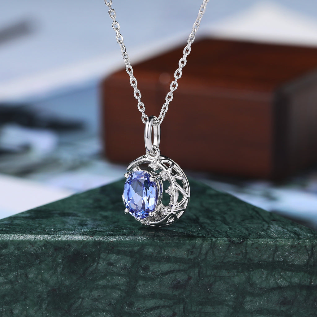 Crescent Bezel Pendant Necklace Oval cut Lab Cornflower Sapphire Necklace For Women S925/10k/14k/18k gold