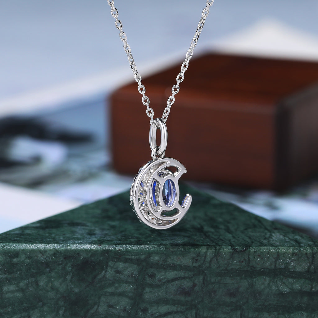 Crescent Bezel Pendant Necklace Oval cut Lab Cornflower Sapphire Necklace For Women S925/10k/14k/18k gold
