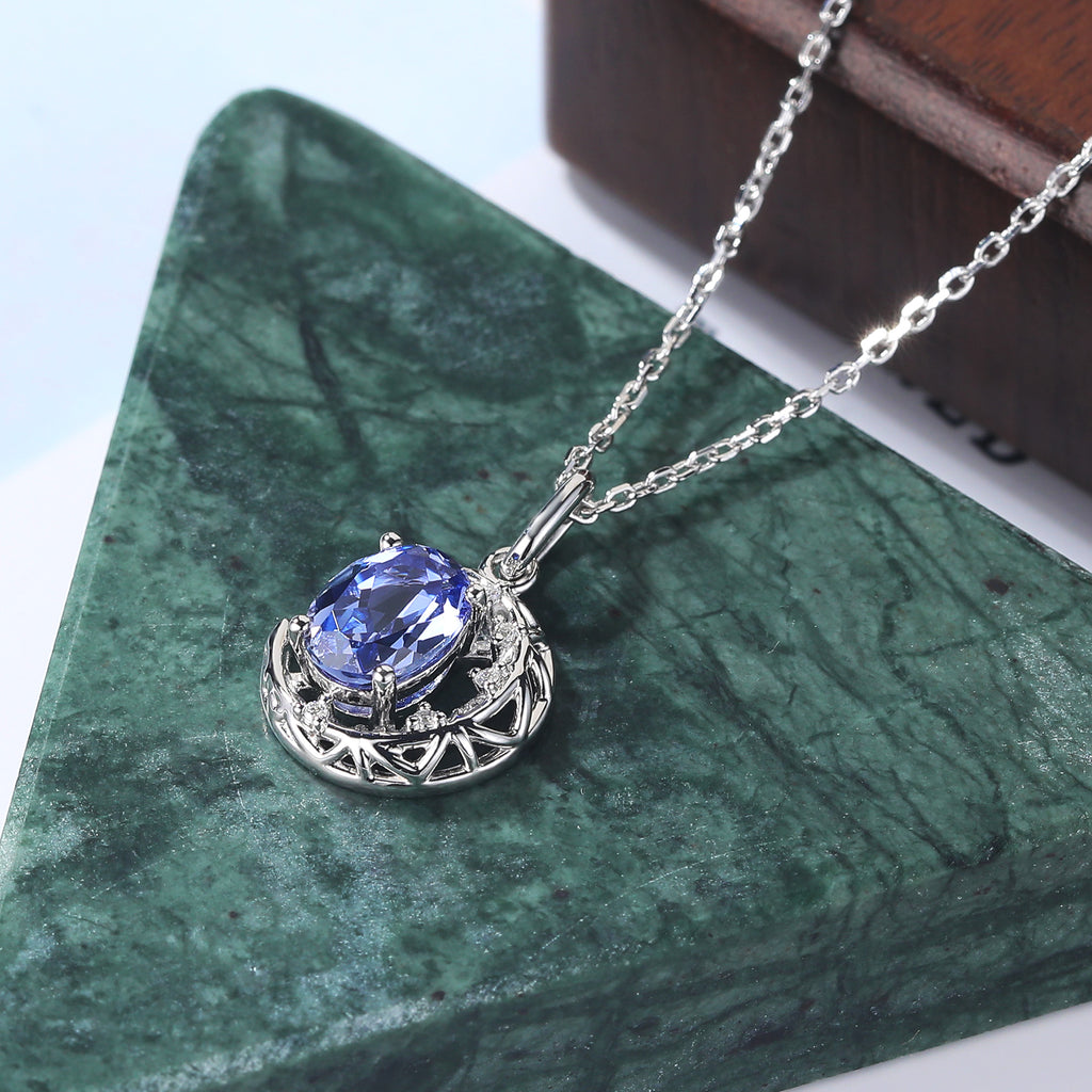 Crescent Bezel Pendant Necklace Oval cut Lab Cornflower Sapphire Necklace For Women S925/10k/14k/18k gold