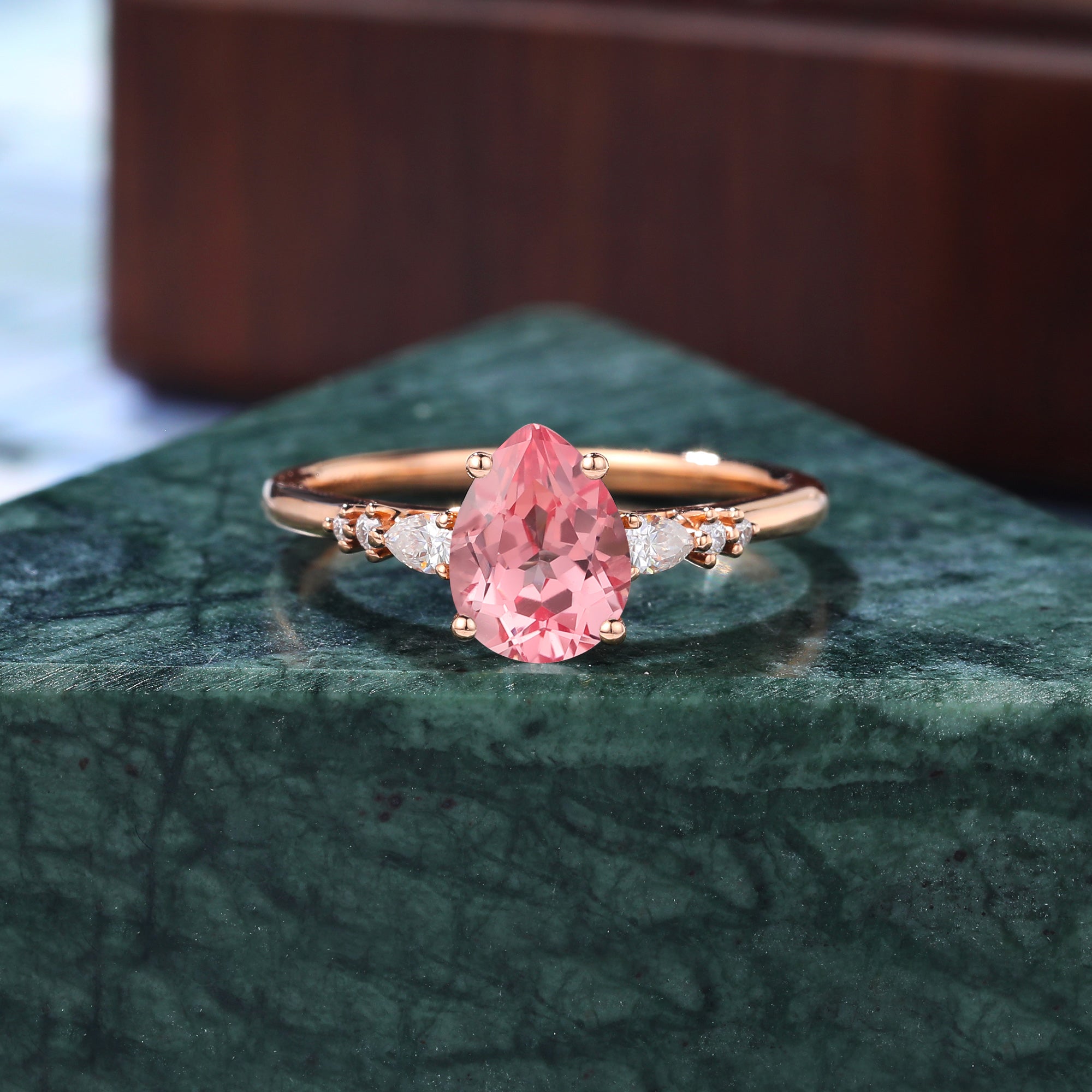 Pear shape Lab Pink Sapphire engagement ring , unique moissanite bridal ring rose/white/yellow gold ring . S925/10k/14k/18k gold