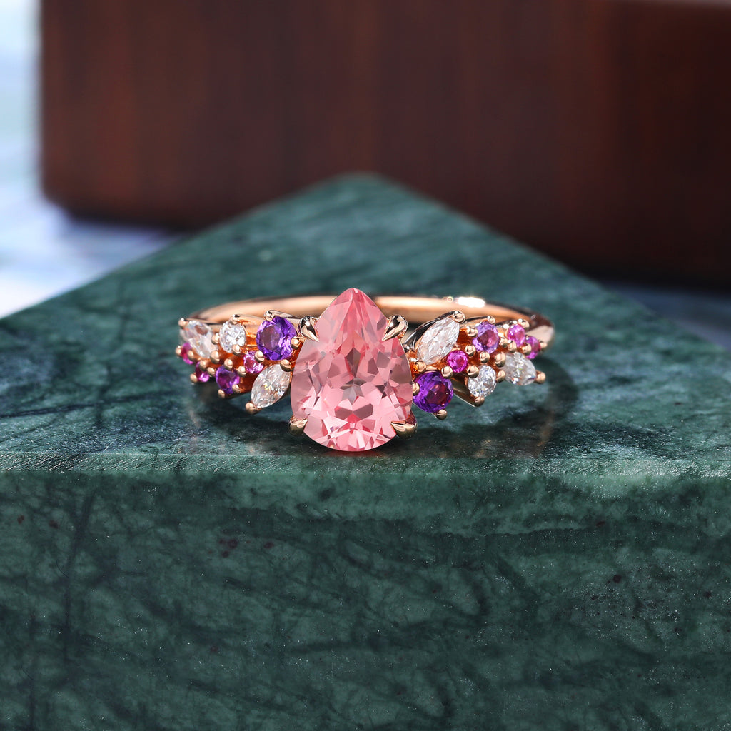 Pear shape Lab Pink Sapphire rose gold ring engagement ring 10k/14k/18k gold, unique Amethyst pink Sapphire moissanite ring