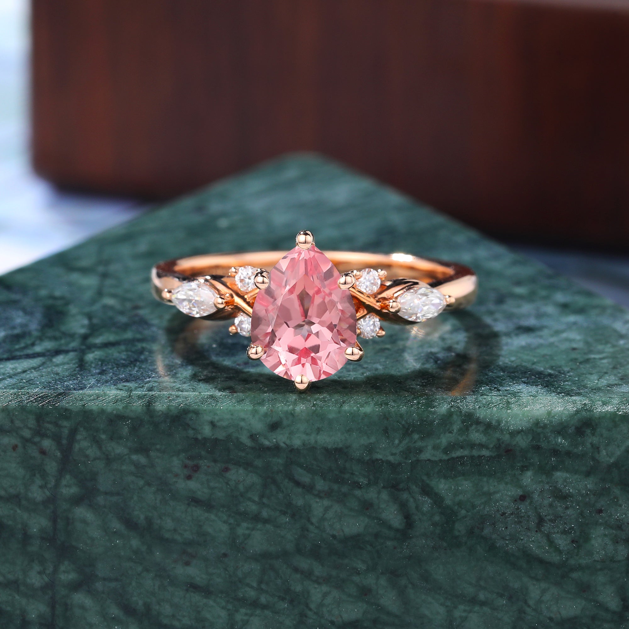 Pear shape Lab Pink Sapphire engagement ring 925silver/10k/14k/18k gold , unique moissanite bridal ring rose/white/yellow gold