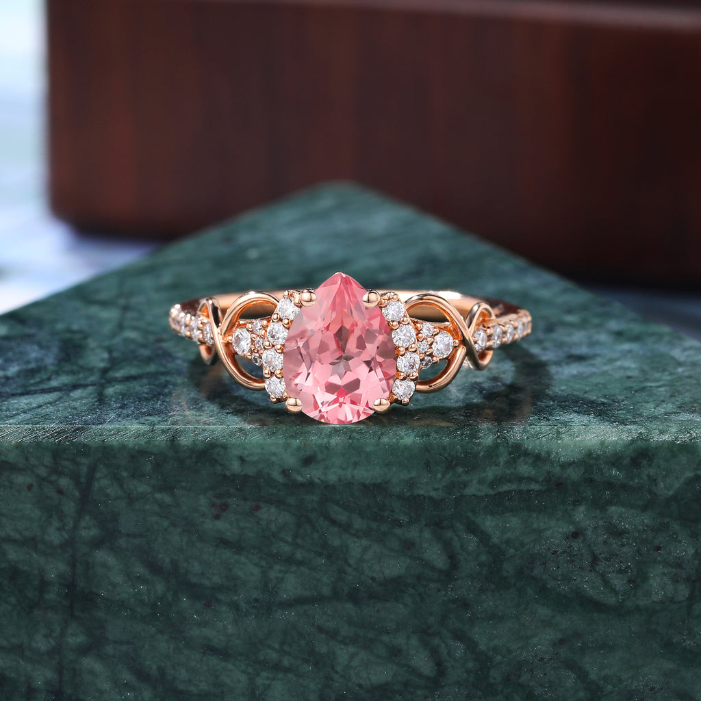 Pear shape Lab Pink Sapphire engagement ring , unique moissanite bridal ring rose/white/yellow gold ring , S925/10k/14k/18k gold