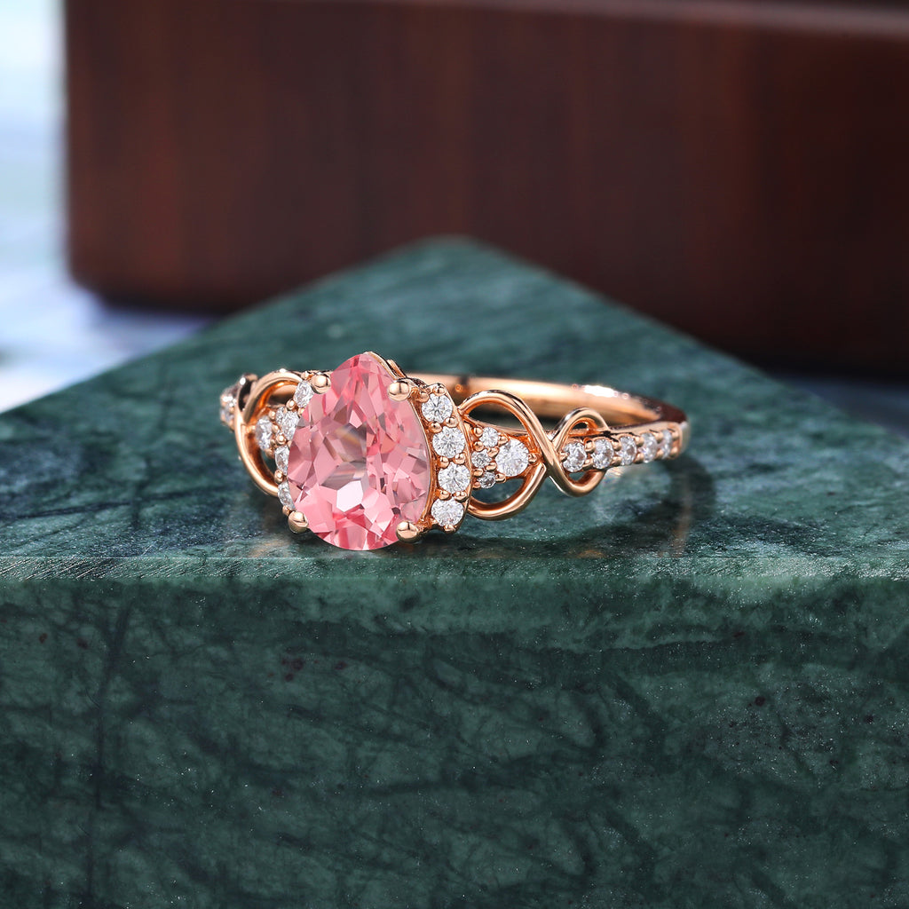 Pear shape Lab Pink Sapphire engagement ring , unique moissanite bridal ring rose/white/yellow gold ring , S925/10k/14k/18k gold