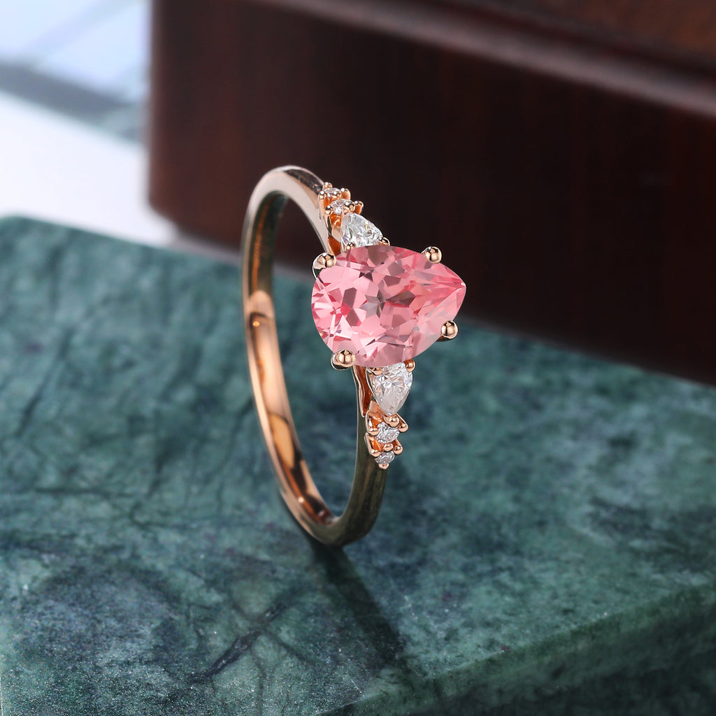 Pear shape Lab Pink Sapphire engagement ring , unique moissanite bridal ring rose/white/yellow gold ring . S925/10k/14k/18k gold