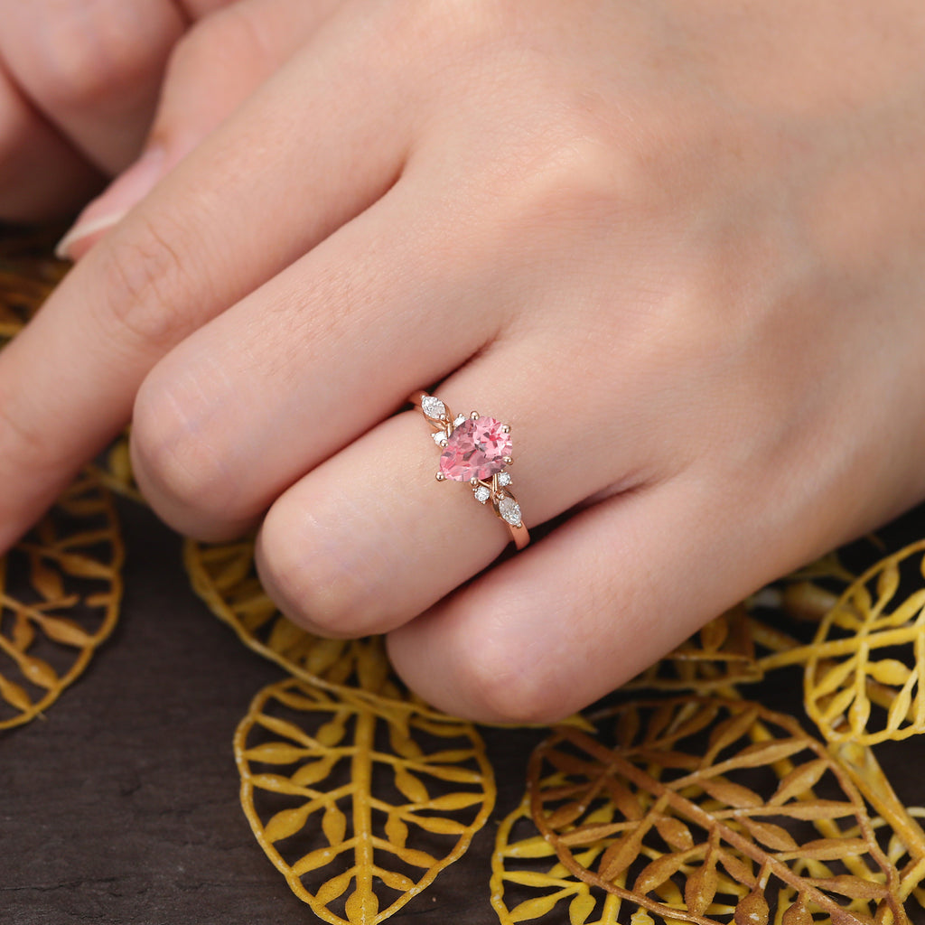 Pear shape Lab Pink Sapphire engagement ring 925silver/10k/14k/18k gold , unique moissanite bridal ring rose/white/yellow gold