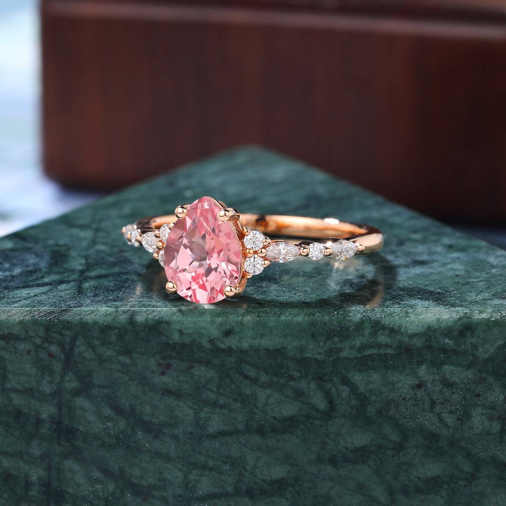 Pear shape Lab Pink Sapphire engagement ring 925silver/10k/14k/18k gold , unique moissanite bridal ring rose/white/yellow gold