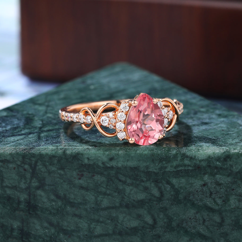 Pear shape Lab Pink Sapphire engagement ring , unique moissanite bridal ring rose/white/yellow gold ring , S925/10k/14k/18k gold