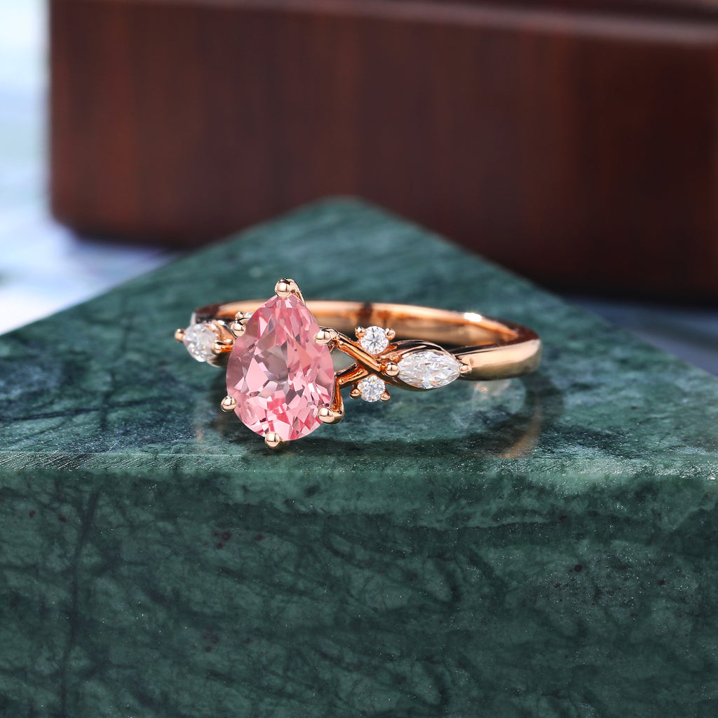 Pear shape Lab Pink Sapphire engagement ring 925silver/10k/14k/18k gold , unique moissanite bridal ring rose/white/yellow gold