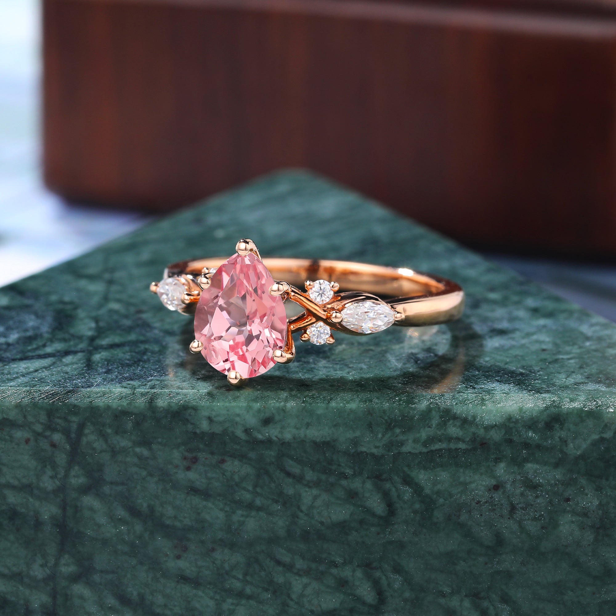 Pear shape Lab Pink Sapphire engagement ring 925silver/10k/14k/18k gold , unique moissanite bridal ring rose/white/yellow gold