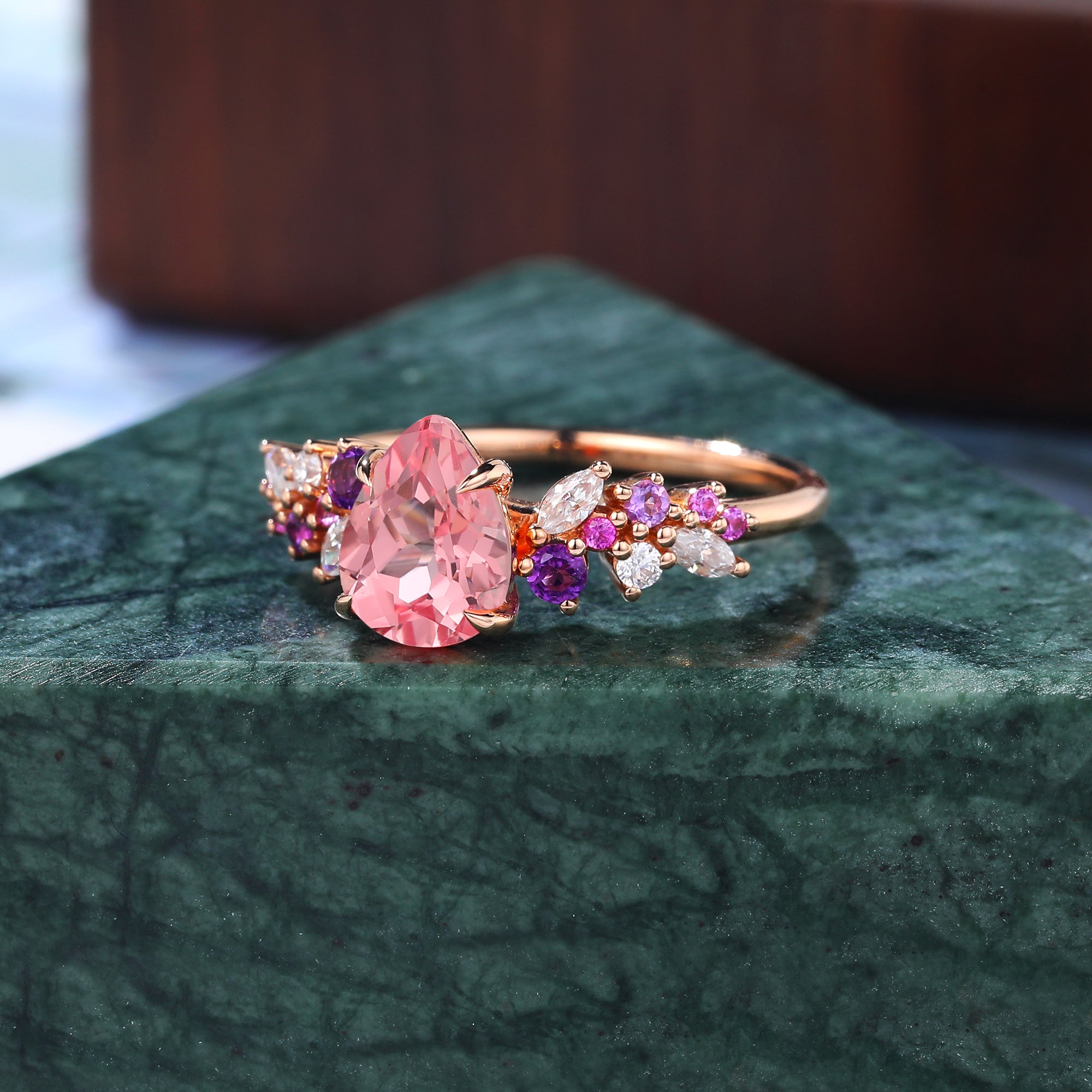Pear shape Lab Pink Sapphire rose gold ring engagement ring 10k/14k/18k gold, unique Amethyst pink Sapphire moissanite ring