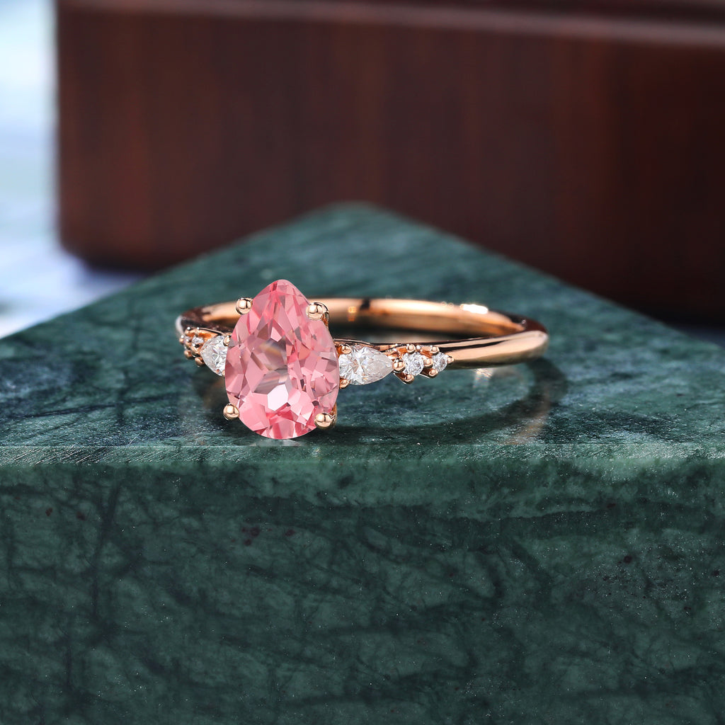 Pear shape Lab Pink Sapphire engagement ring , unique moissanite bridal ring rose/white/yellow gold ring . S925/10k/14k/18k gold