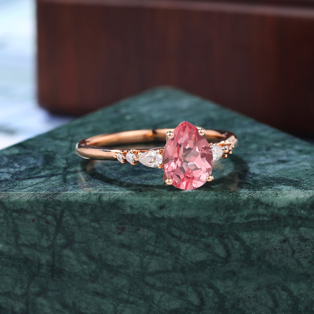 Pear shape Lab Pink Sapphire engagement ring , unique moissanite bridal ring rose/white/yellow gold ring . S925/10k/14k/18k gold