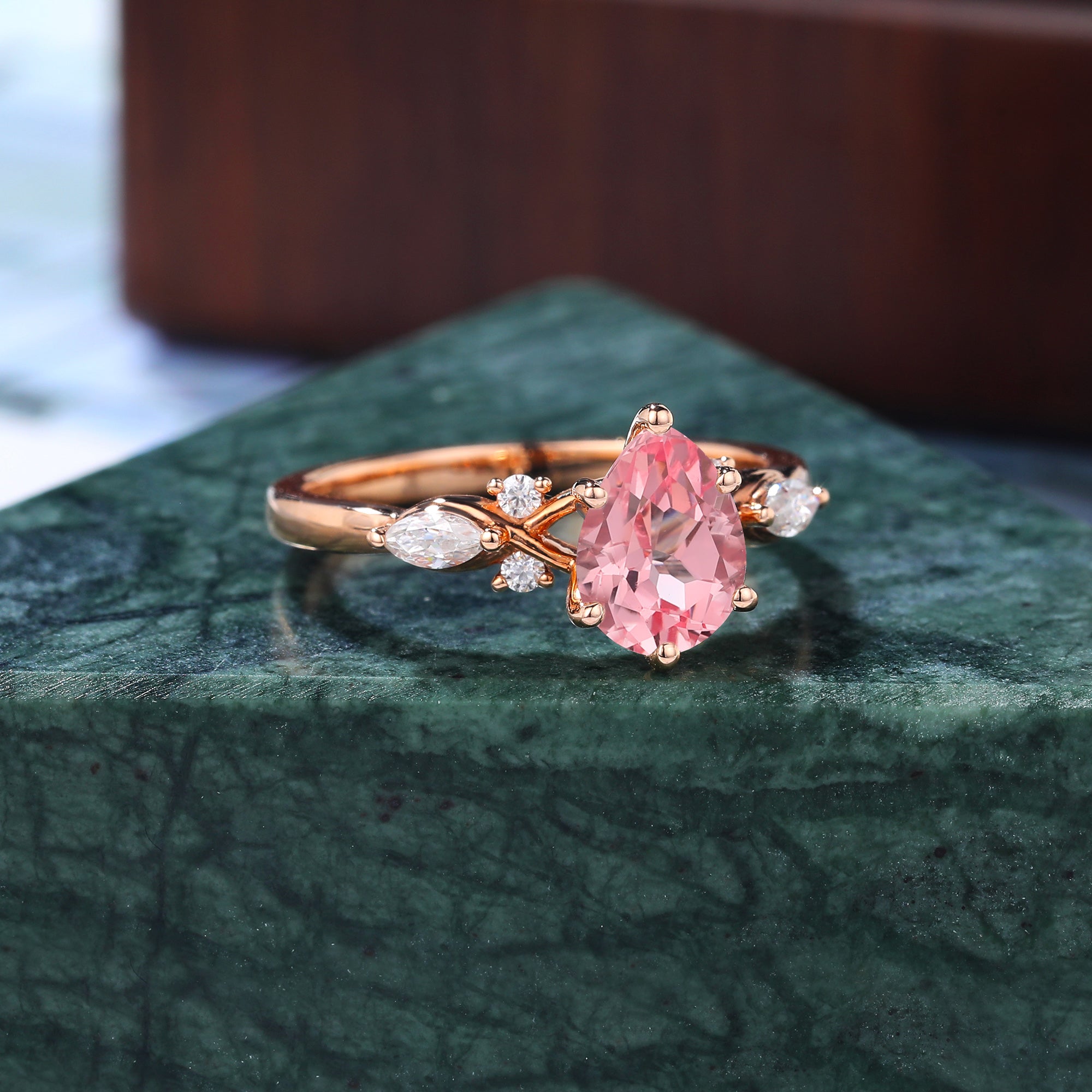 Pear shape Lab Pink Sapphire engagement ring 925silver/10k/14k/18k gold , unique moissanite bridal ring rose/white/yellow gold