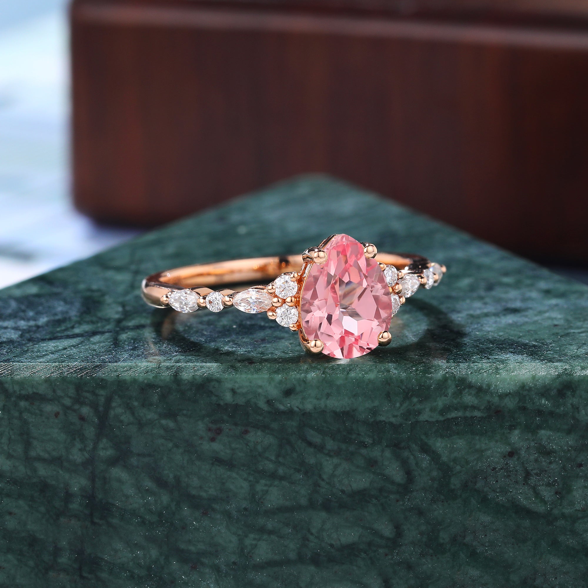 Pear shape Lab Pink Sapphire engagement ring 925silver/10k/14k/18k gold , unique moissanite bridal ring rose/white/yellow gold