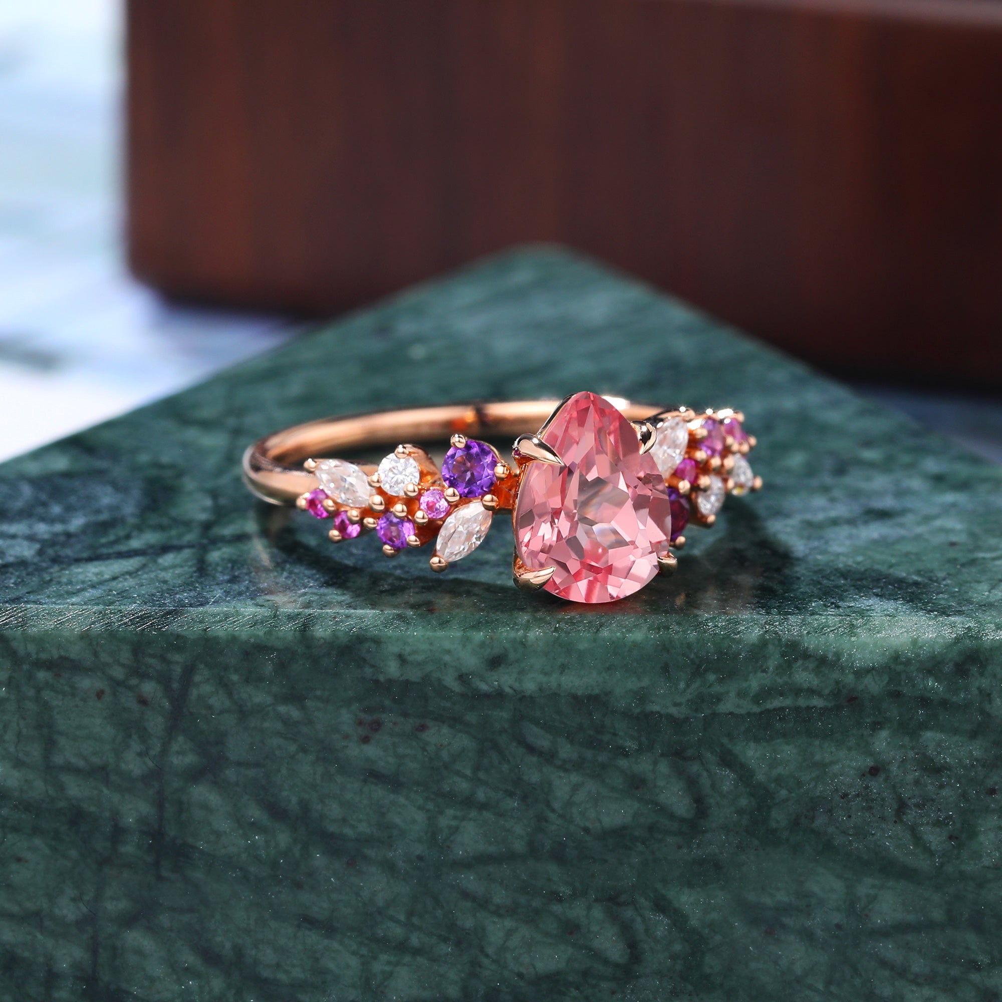 Pear shape Lab Pink Sapphire rose gold ring engagement ring 10k/14k/18k gold, unique Amethyst pink Sapphire moissanite ring