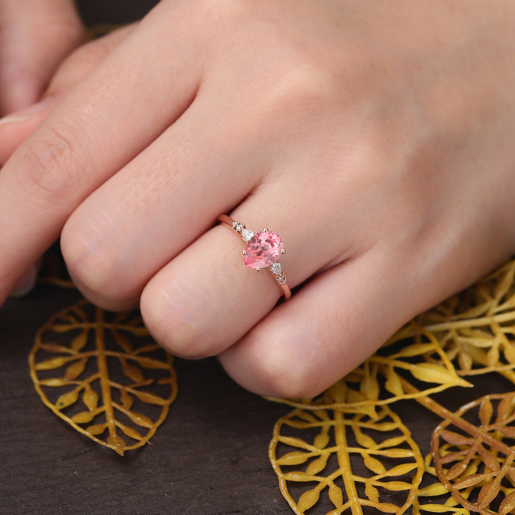 Pear shape Lab Pink Sapphire engagement ring , unique moissanite bridal ring rose/white/yellow gold ring . S925/10k/14k/18k gold
