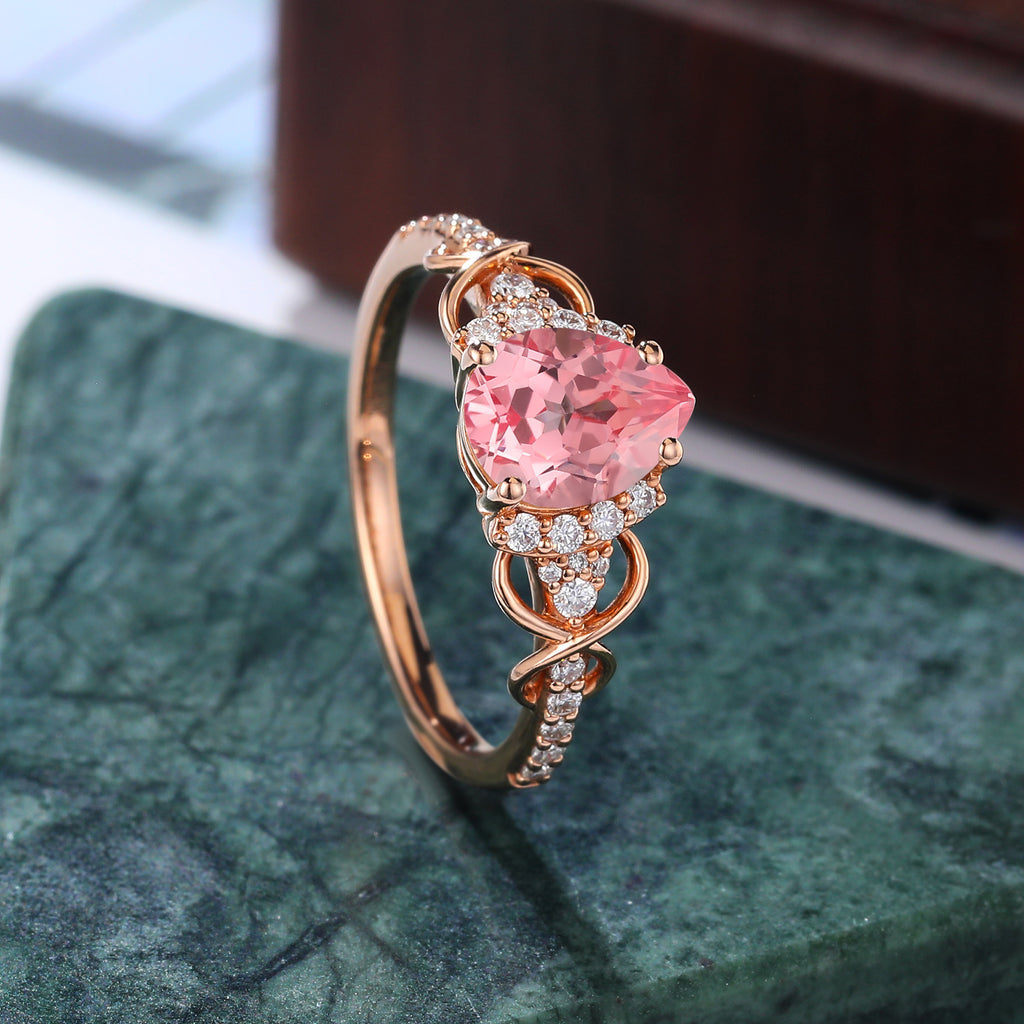 Pear shape Lab Pink Sapphire engagement ring , unique moissanite bridal ring rose/white/yellow gold ring , S925/10k/14k/18k gold