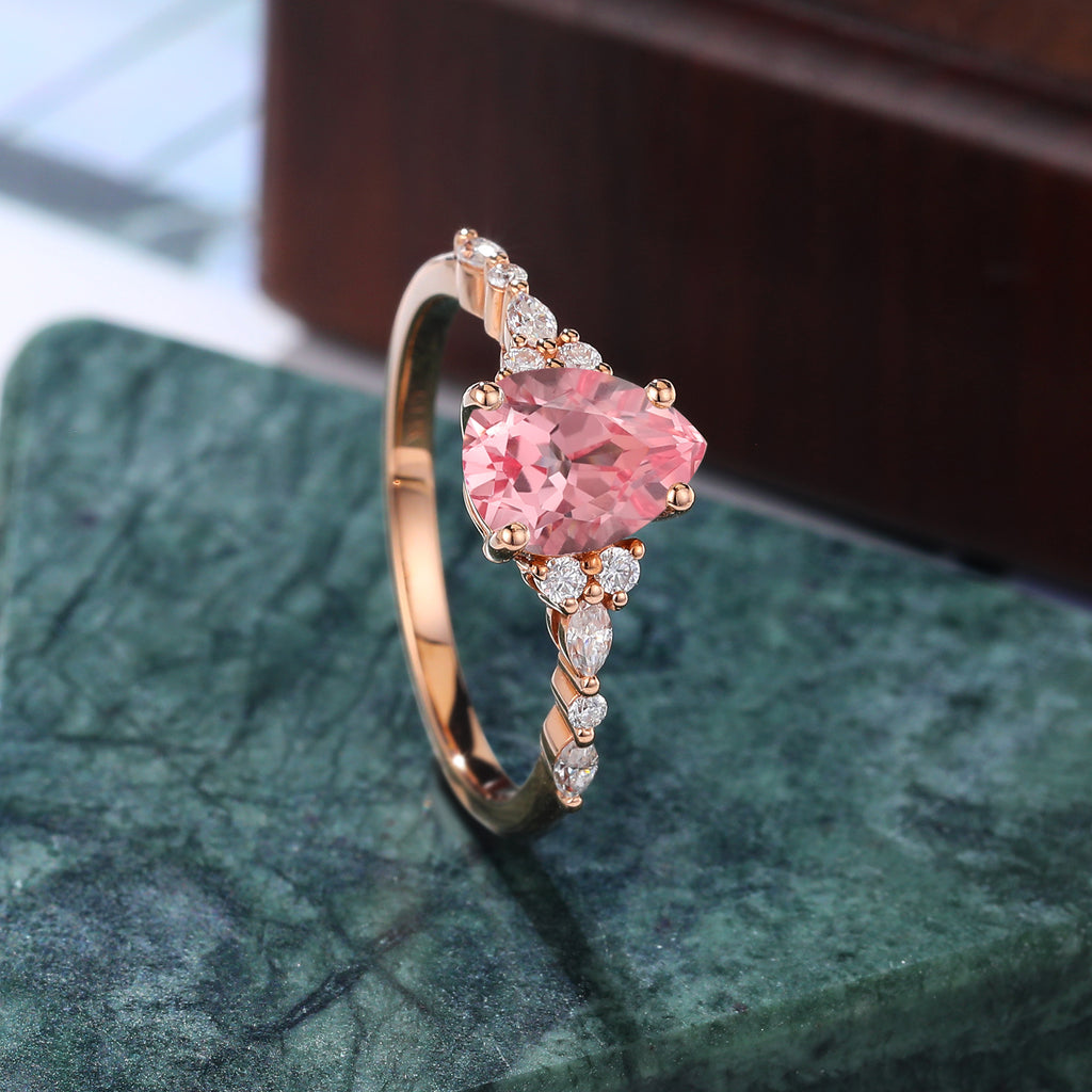 Pear shape Lab Pink Sapphire engagement ring 925silver/10k/14k/18k gold , unique moissanite bridal ring rose/white/yellow gold