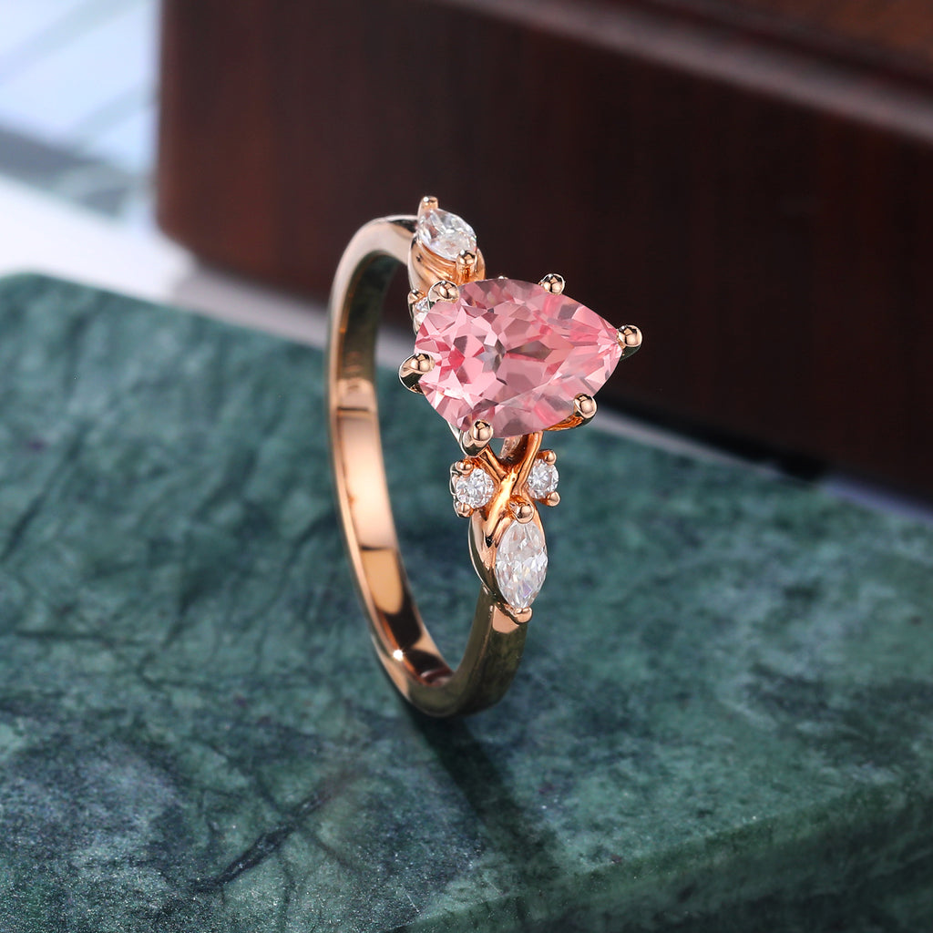 Pear shape Lab Pink Sapphire engagement ring 925silver/10k/14k/18k gold , unique moissanite bridal ring rose/white/yellow gold