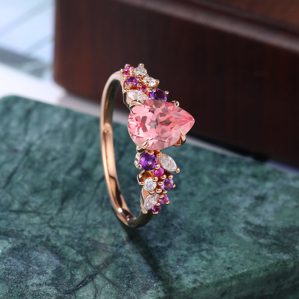 Pear shape Lab Pink Sapphire rose gold ring engagement ring 10k/14k/18k gold, unique Amethyst pink Sapphire moissanite ring