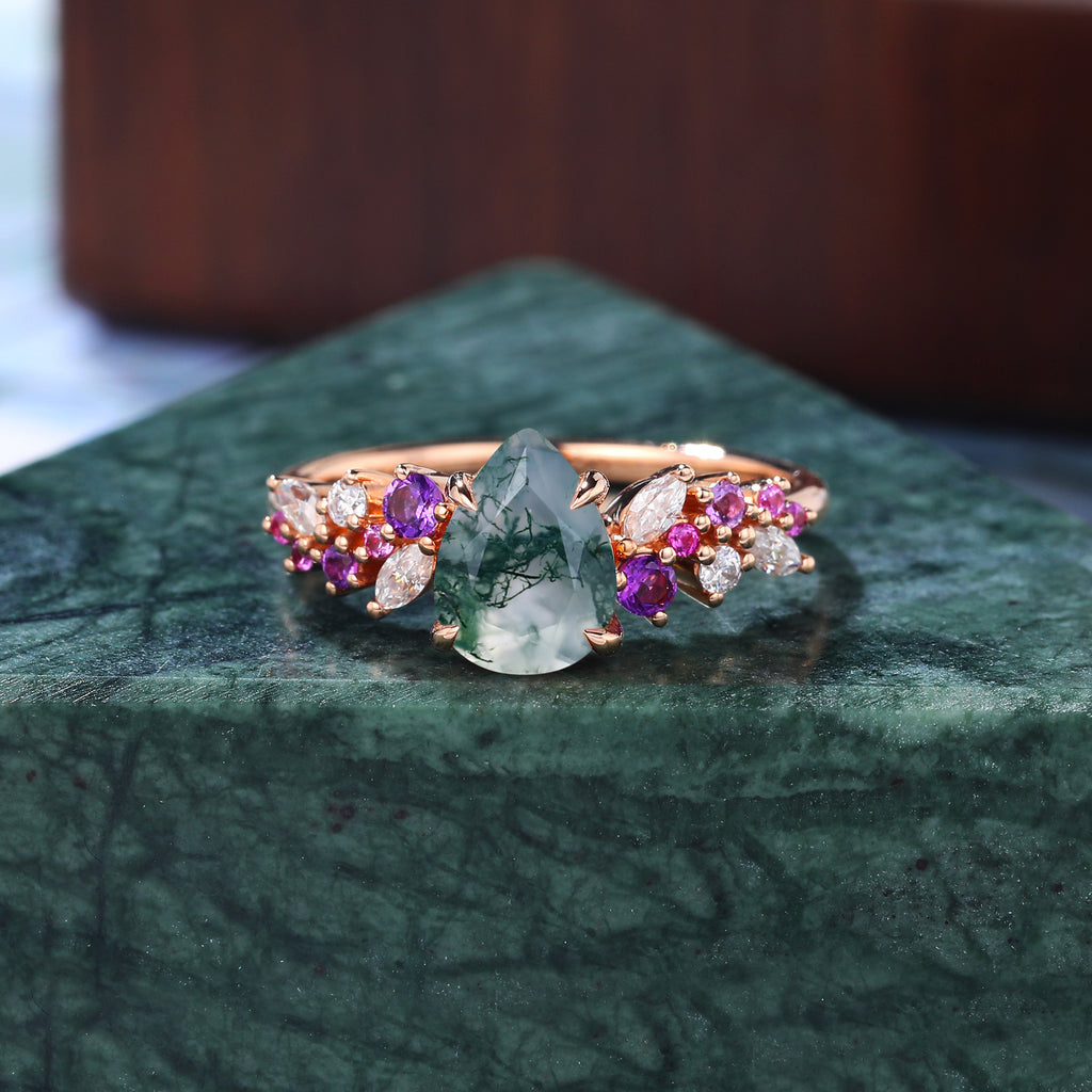 Pear shape Moss agate engagement ring 925silver/10k/14k/18k gold , unique Amethyst pink Sapphire moissanite ring