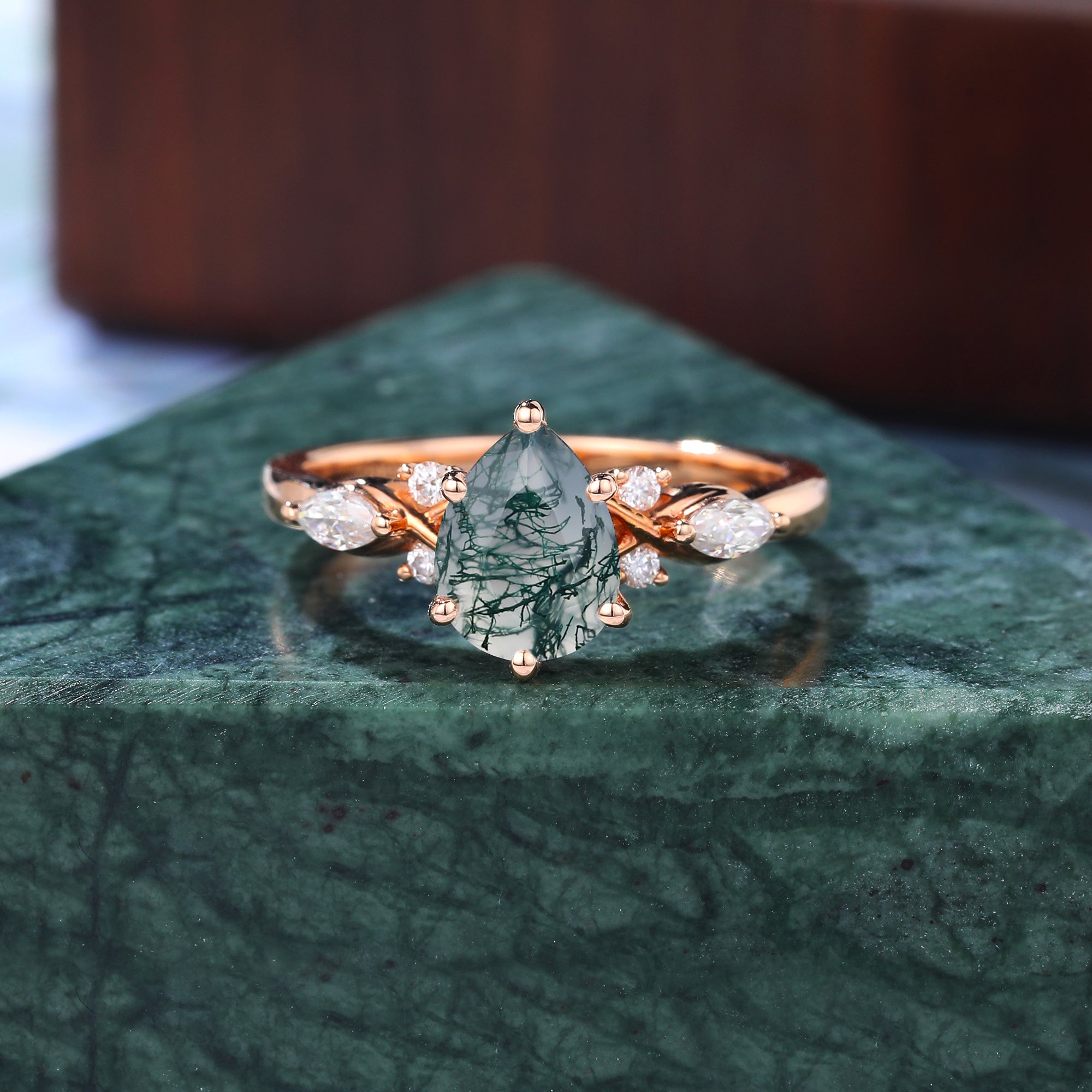 Pear shape Moss agate engagement ring S925/10k/14k/18k gold. unique bridal ring rose/white/yellow gold